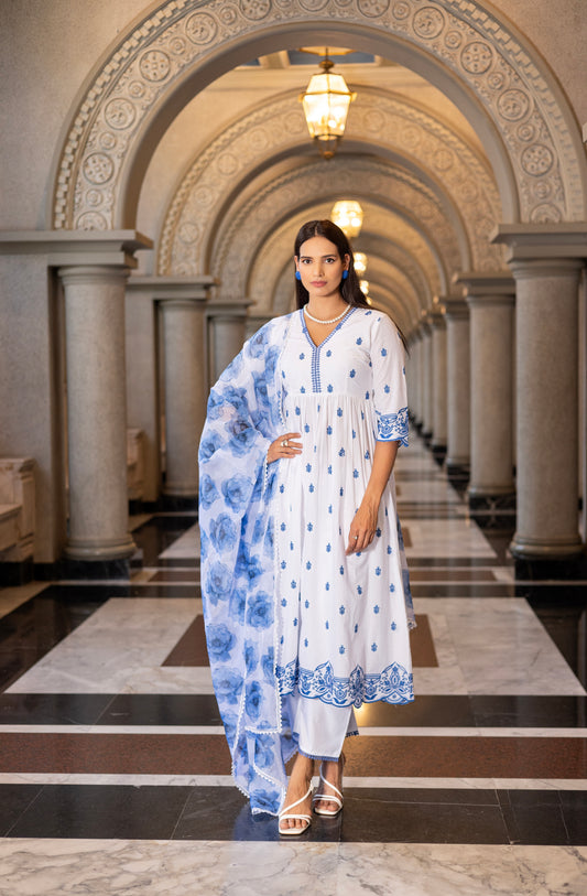 WHITE SUIT SET WITH BLUE FLORAL EMBROIDERY AND PRINTED ORGANZA DUPATTA