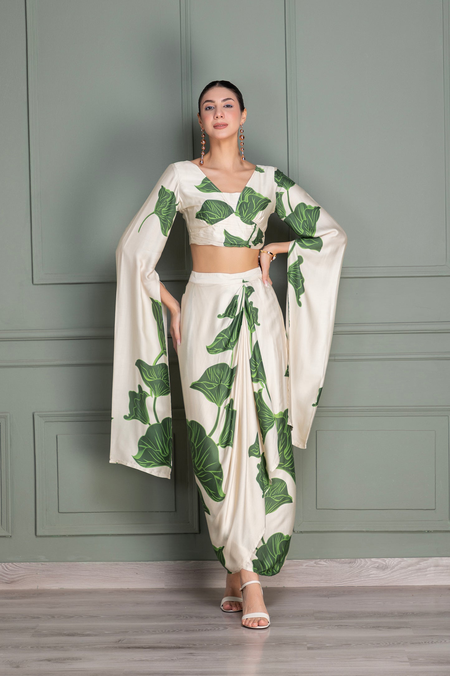 Beige and Green Floral Printed Drape Top and Dhoti Skirt Set