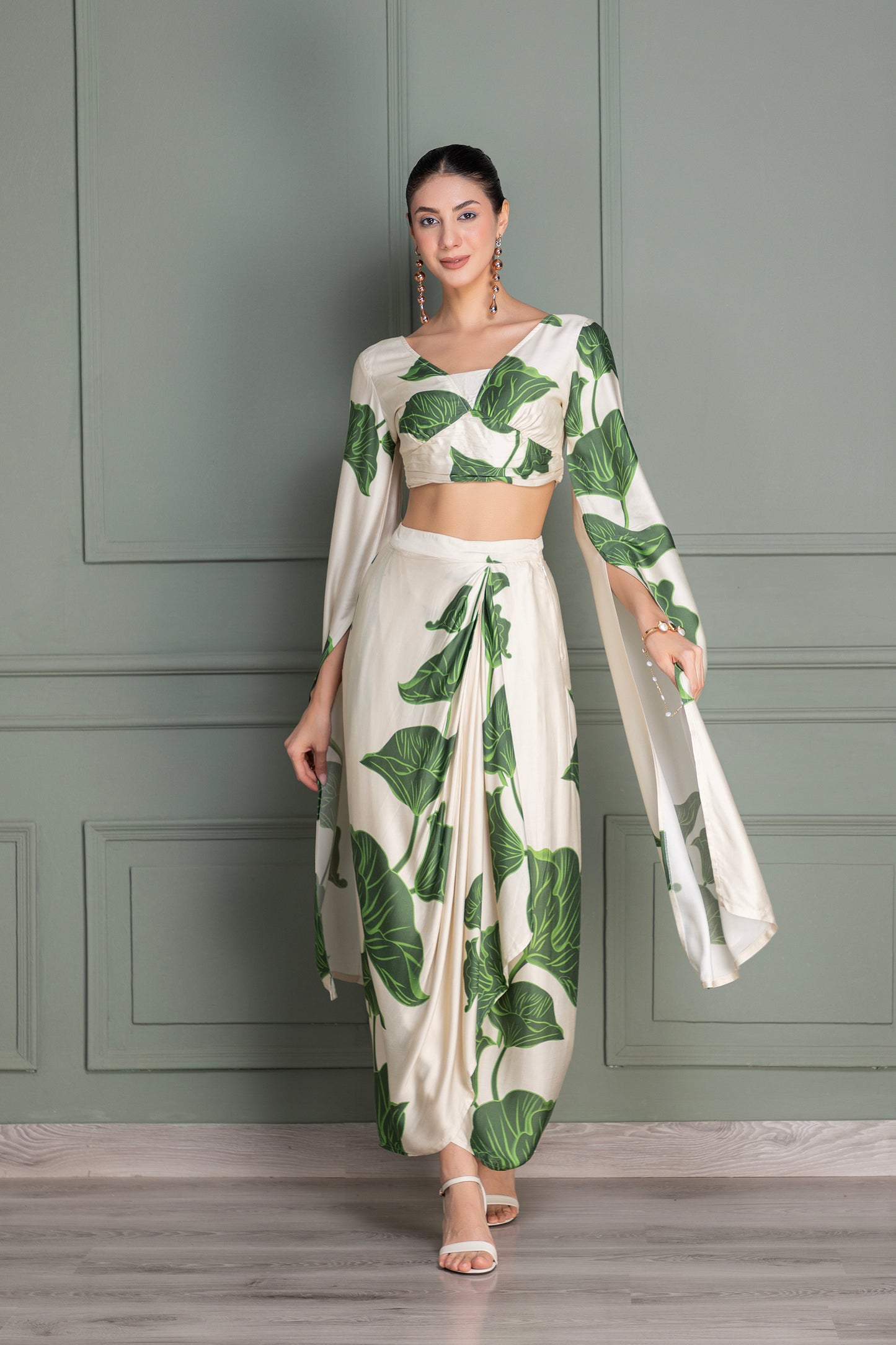 Beige and Green Floral Printed Drape Top and Dhoti Skirt Set