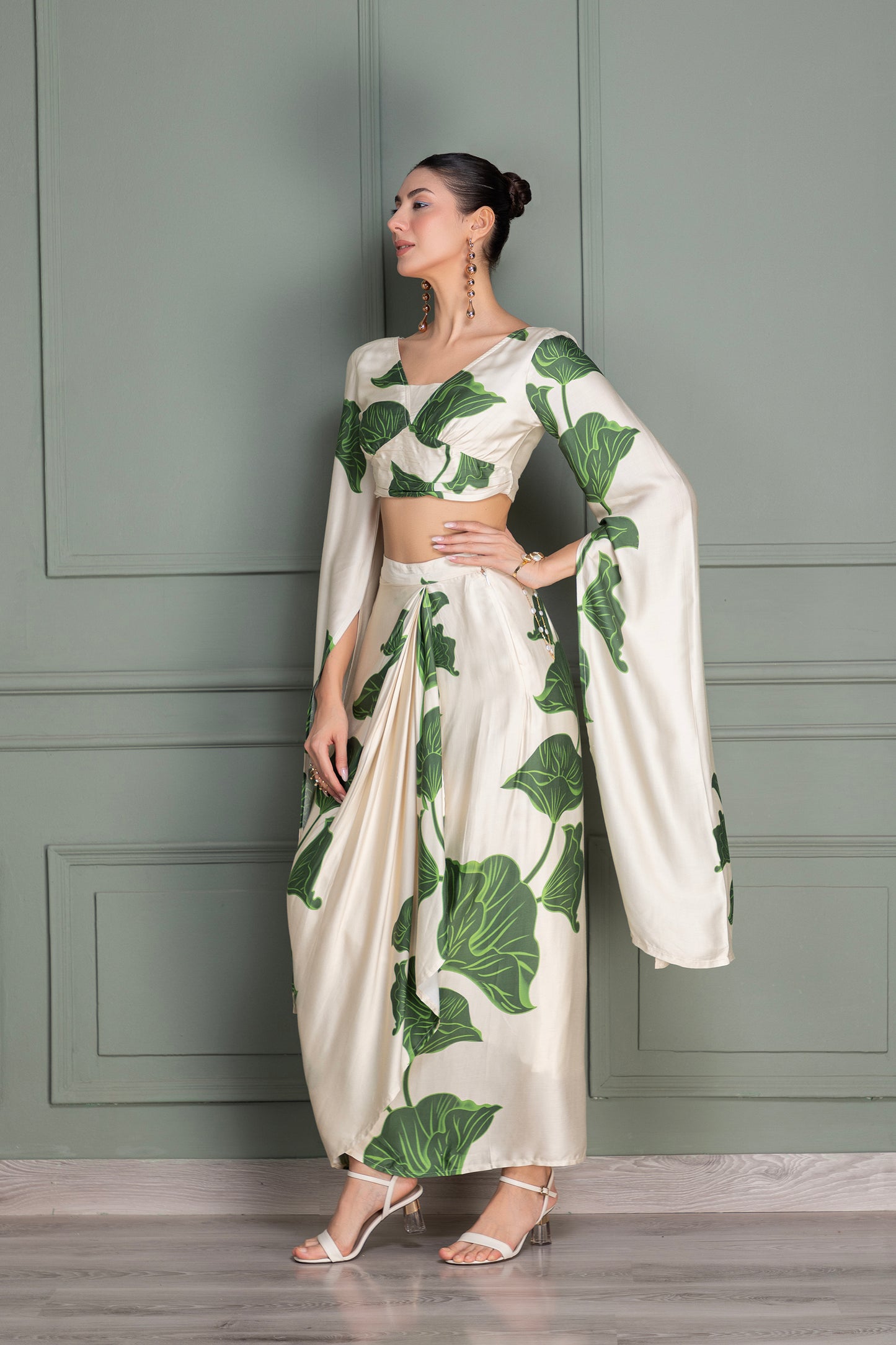 Beige and Green Floral Printed Drape Top and Dhoti Skirt Set