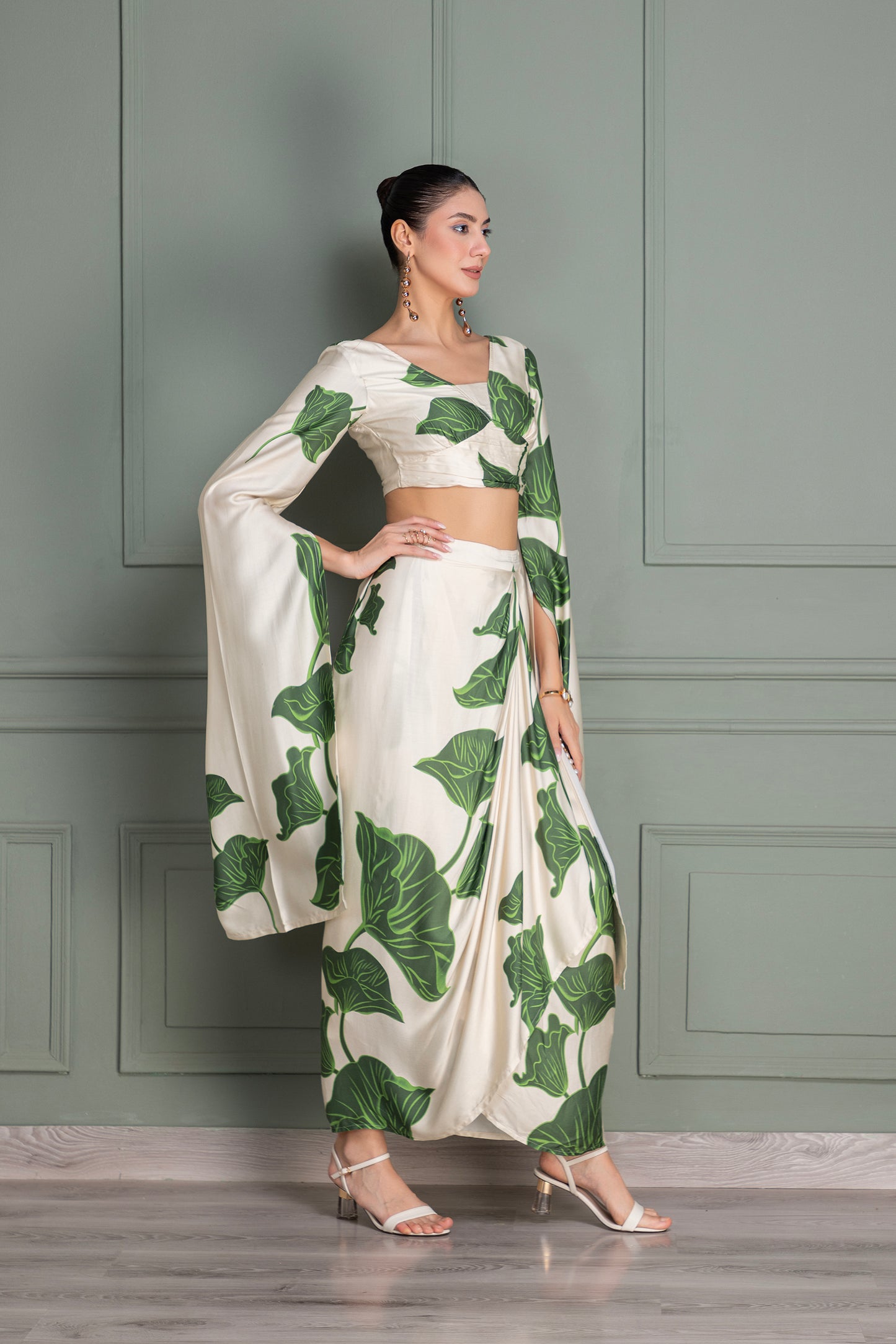 Beige and Green Floral Printed Drape Top and Dhoti Skirt Set