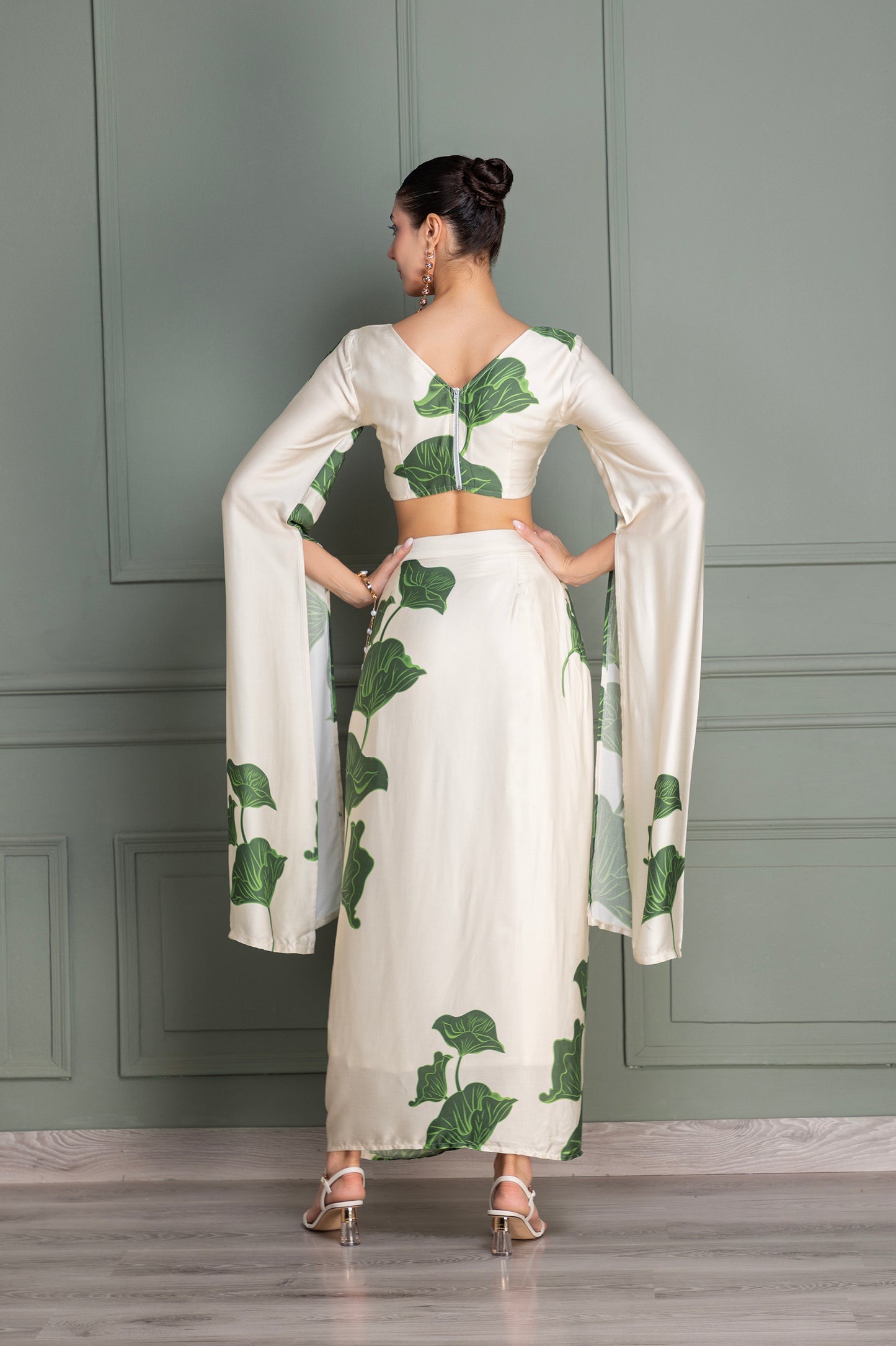Beige and Green Floral Printed Drape Top and Dhoti Skirt Set