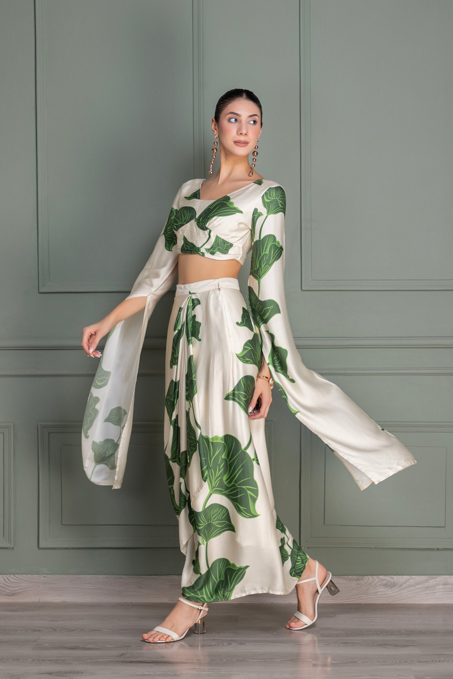 Beige and Green Floral Printed Drape Top and Dhoti Skirt Set
