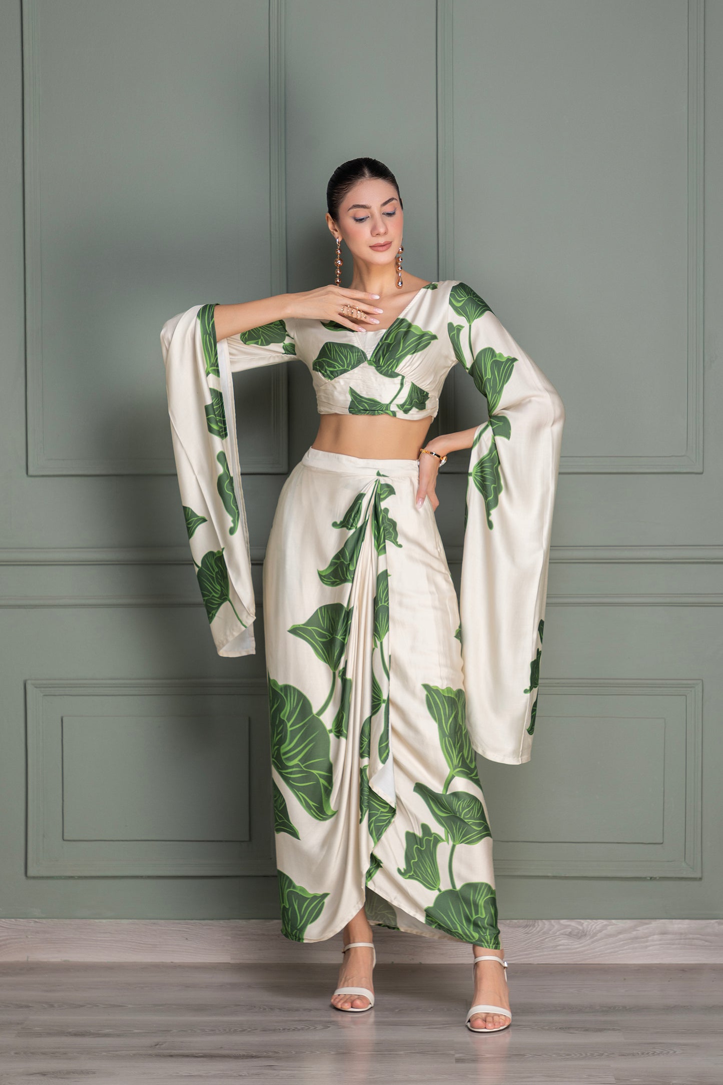 Beige and Green Floral Printed Drape Top and Dhoti Skirt Set