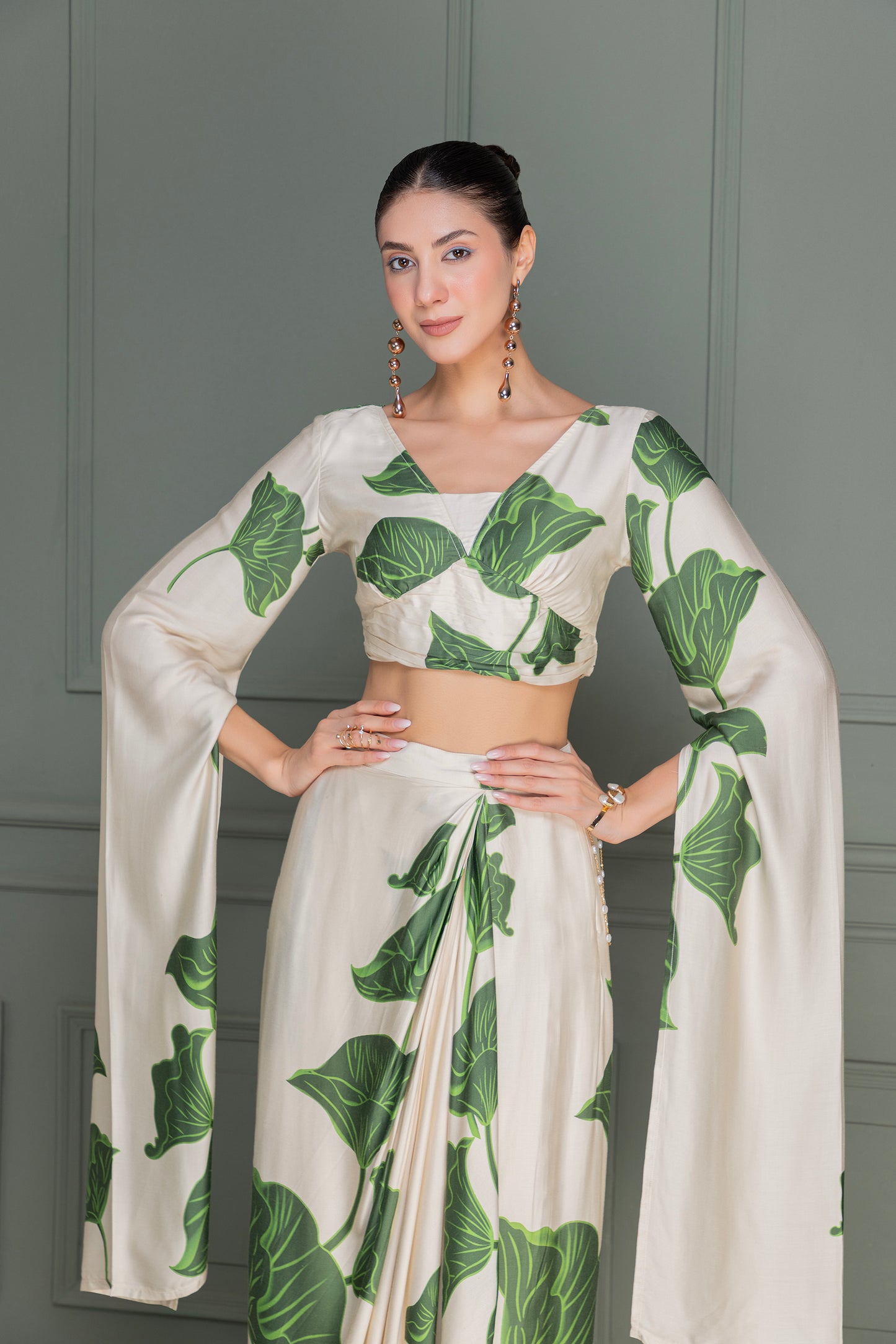 Beige and Green Floral Printed Drape Top and Dhoti Skirt Set