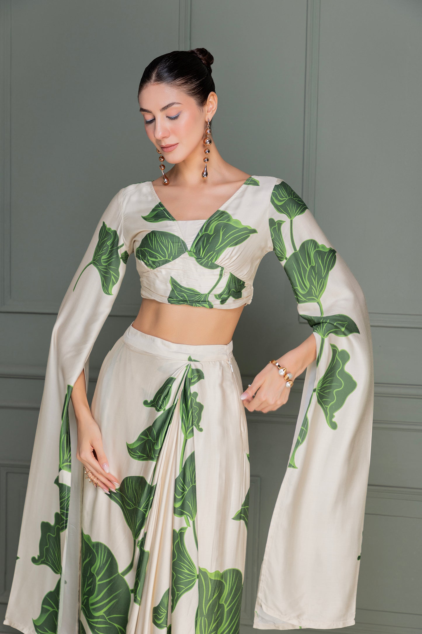 Beige and Green Floral Printed Drape Top and Dhoti Skirt Set