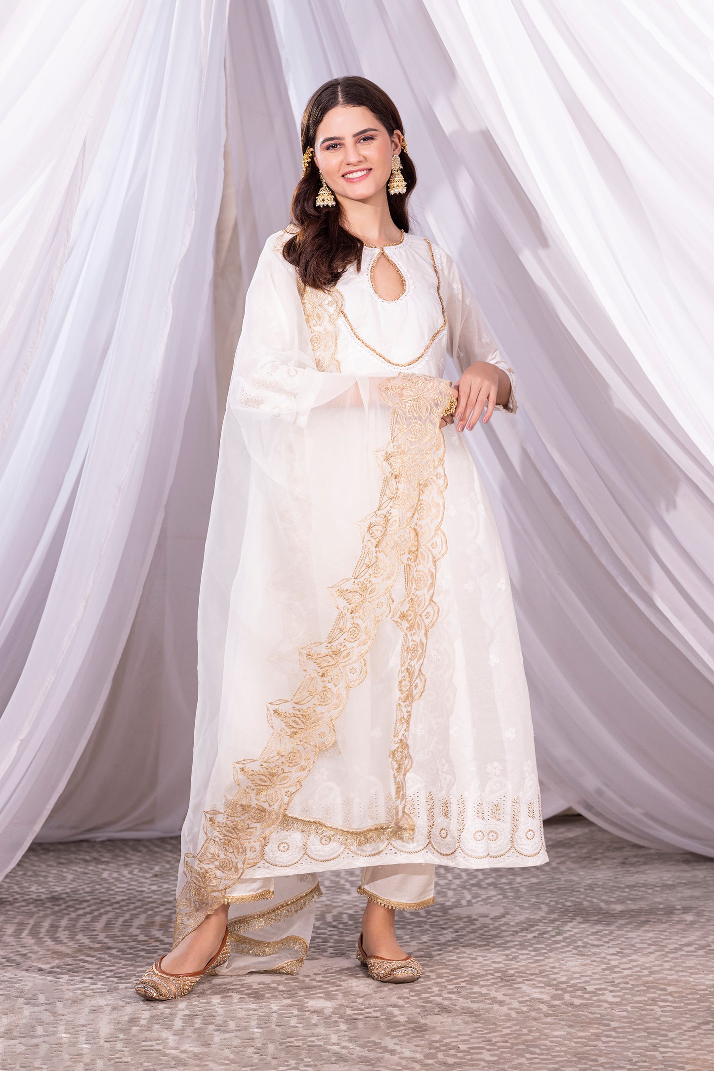OFF-WHITE AND GOLD ANARKALI SUIT SET