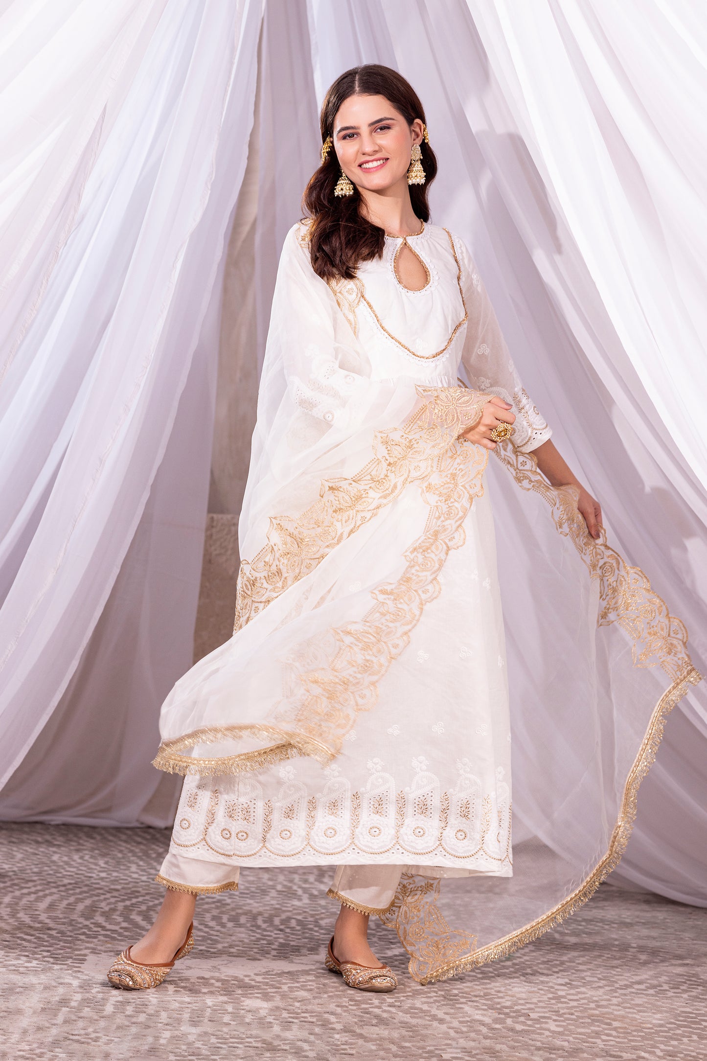 OFF-WHITE AND GOLD ANARKALI SUIT SET