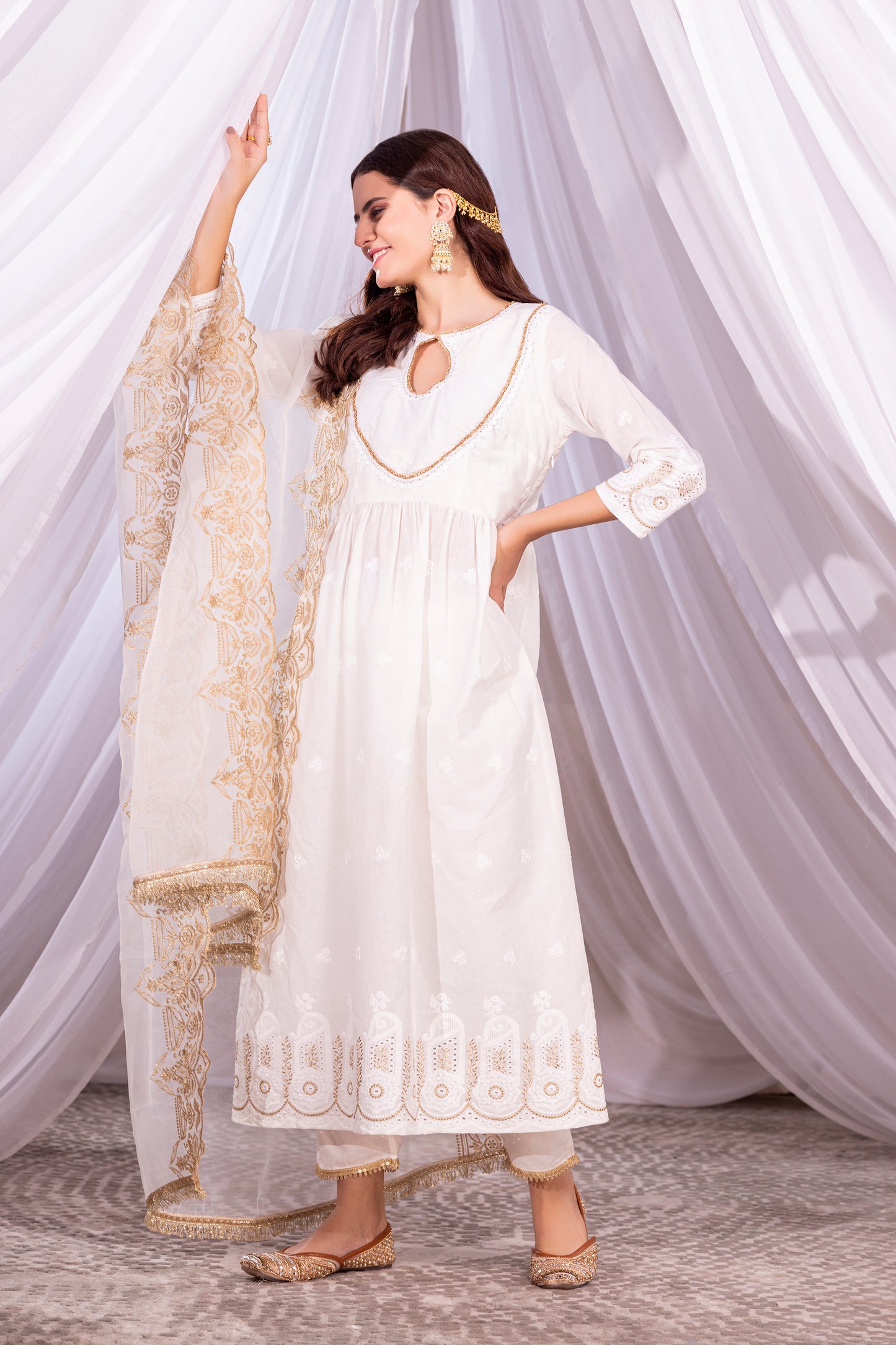 OFF-WHITE AND GOLD ANARKALI SUIT SET