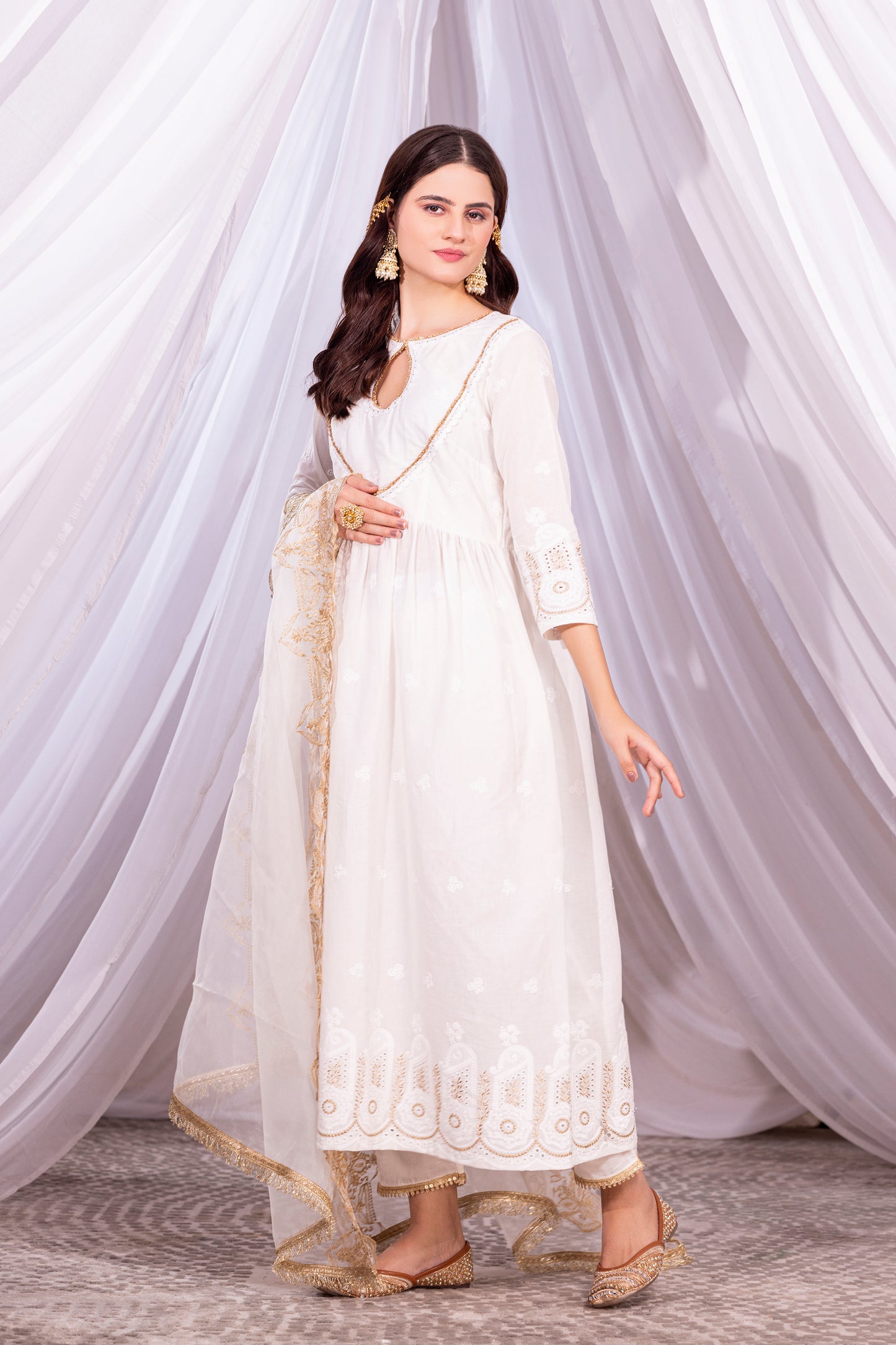 OFF-WHITE AND GOLD ANARKALI SUIT SET