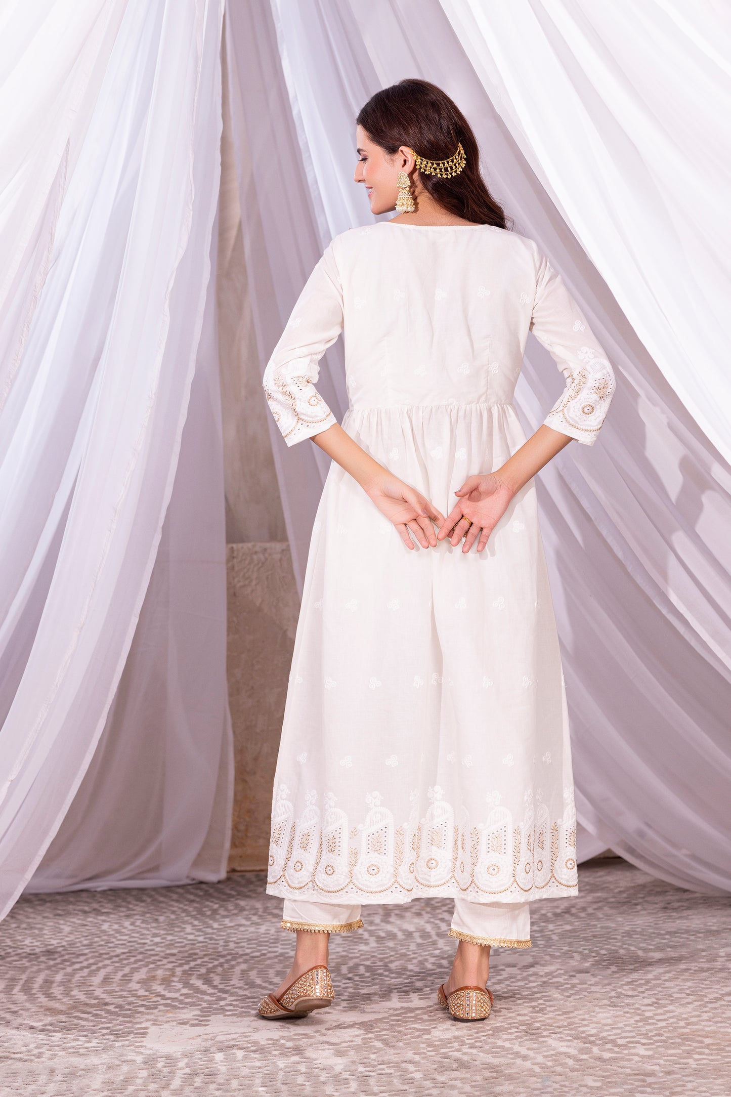 OFF-WHITE AND GOLD ANARKALI SUIT SET