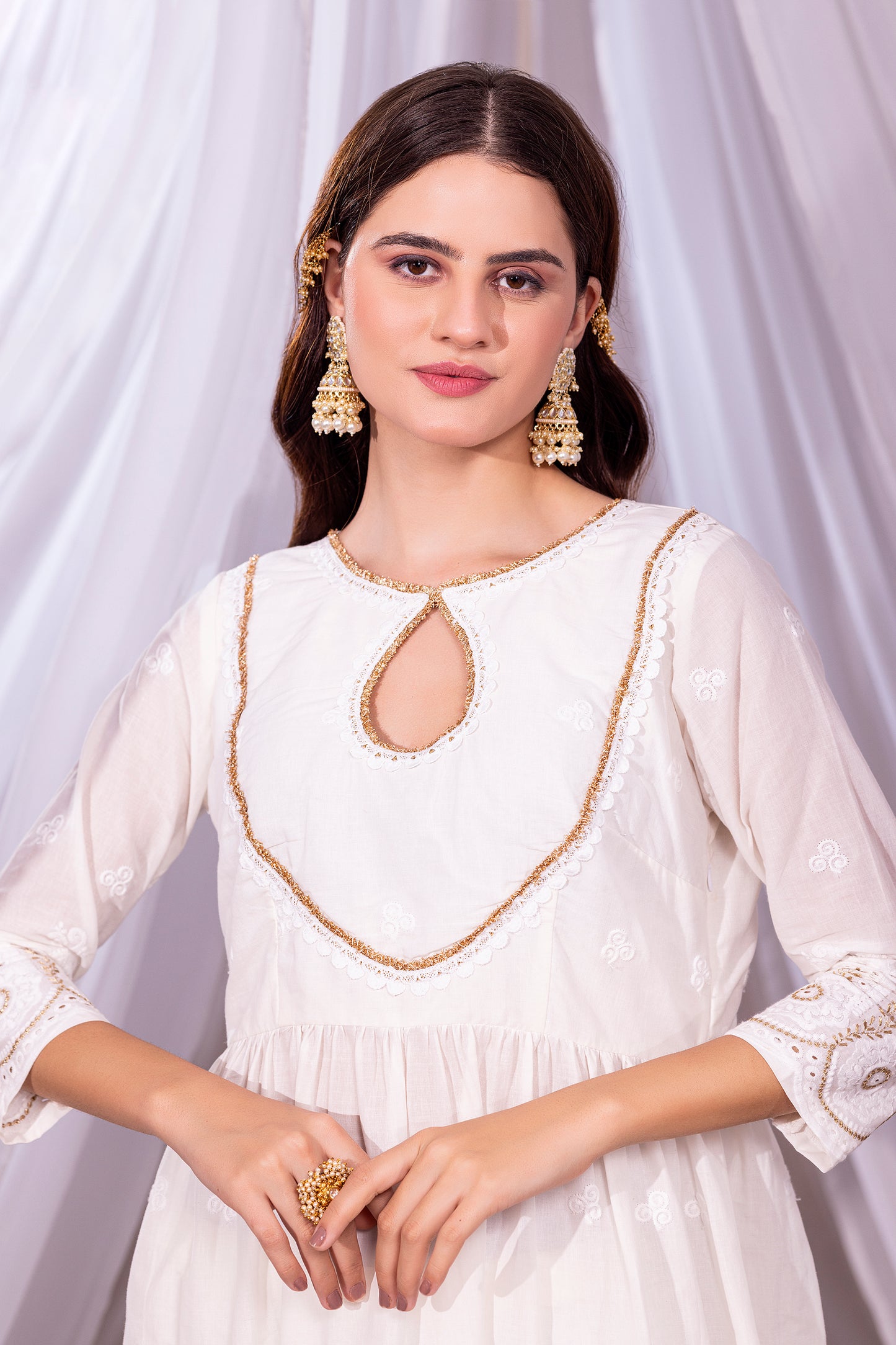 OFF-WHITE AND GOLD ANARKALI SUIT SET