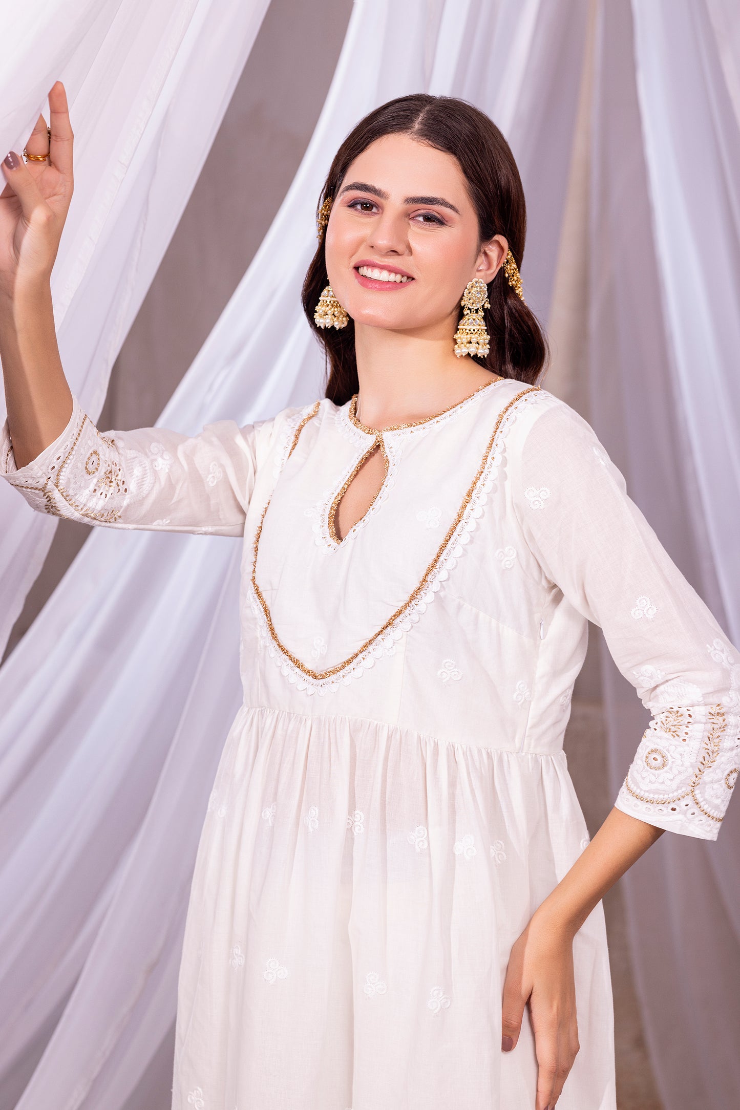 OFF-WHITE AND GOLD ANARKALI SUIT SET
