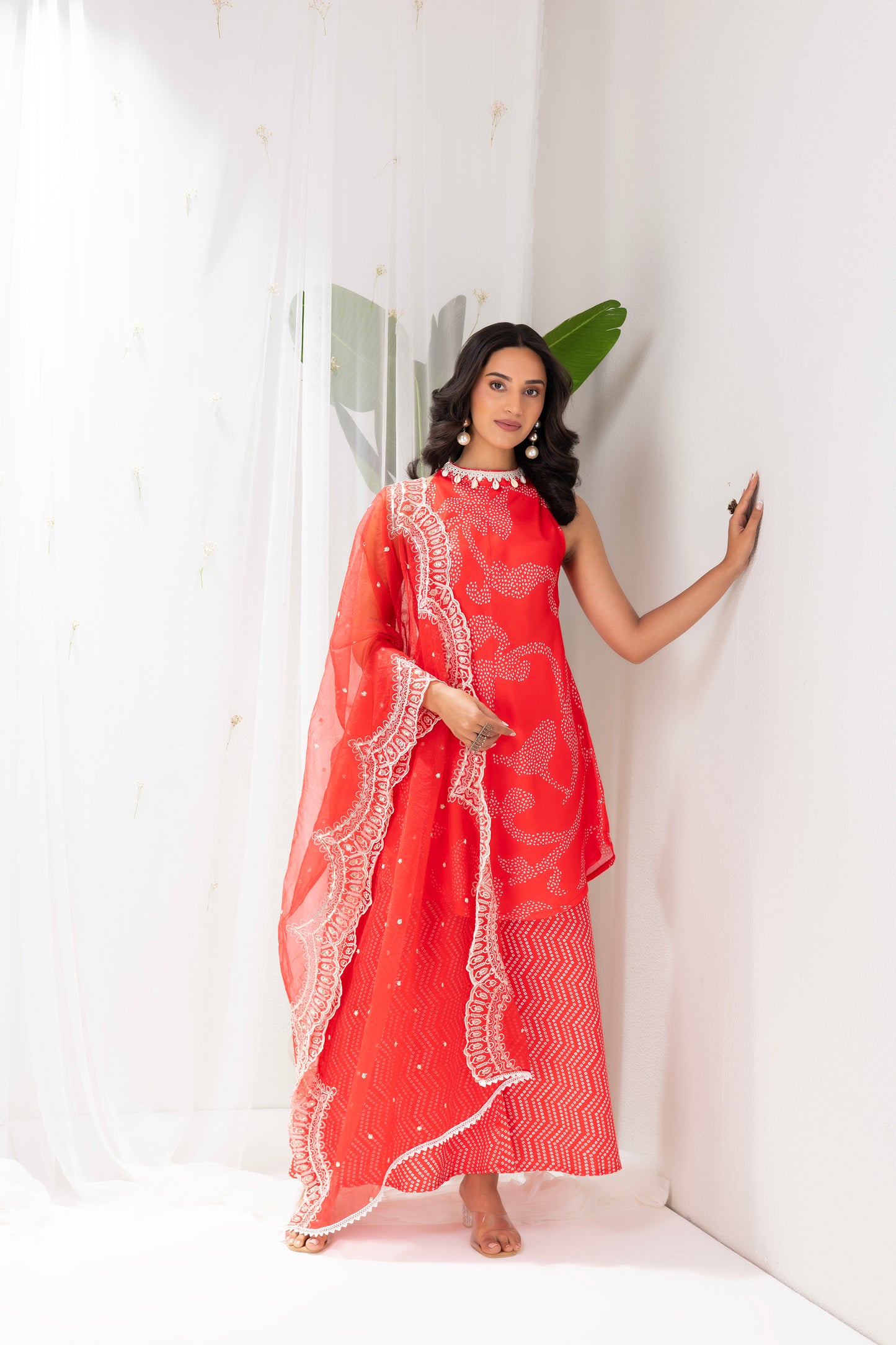 RED BANDHANI PRINTED HALTER SUIT SET