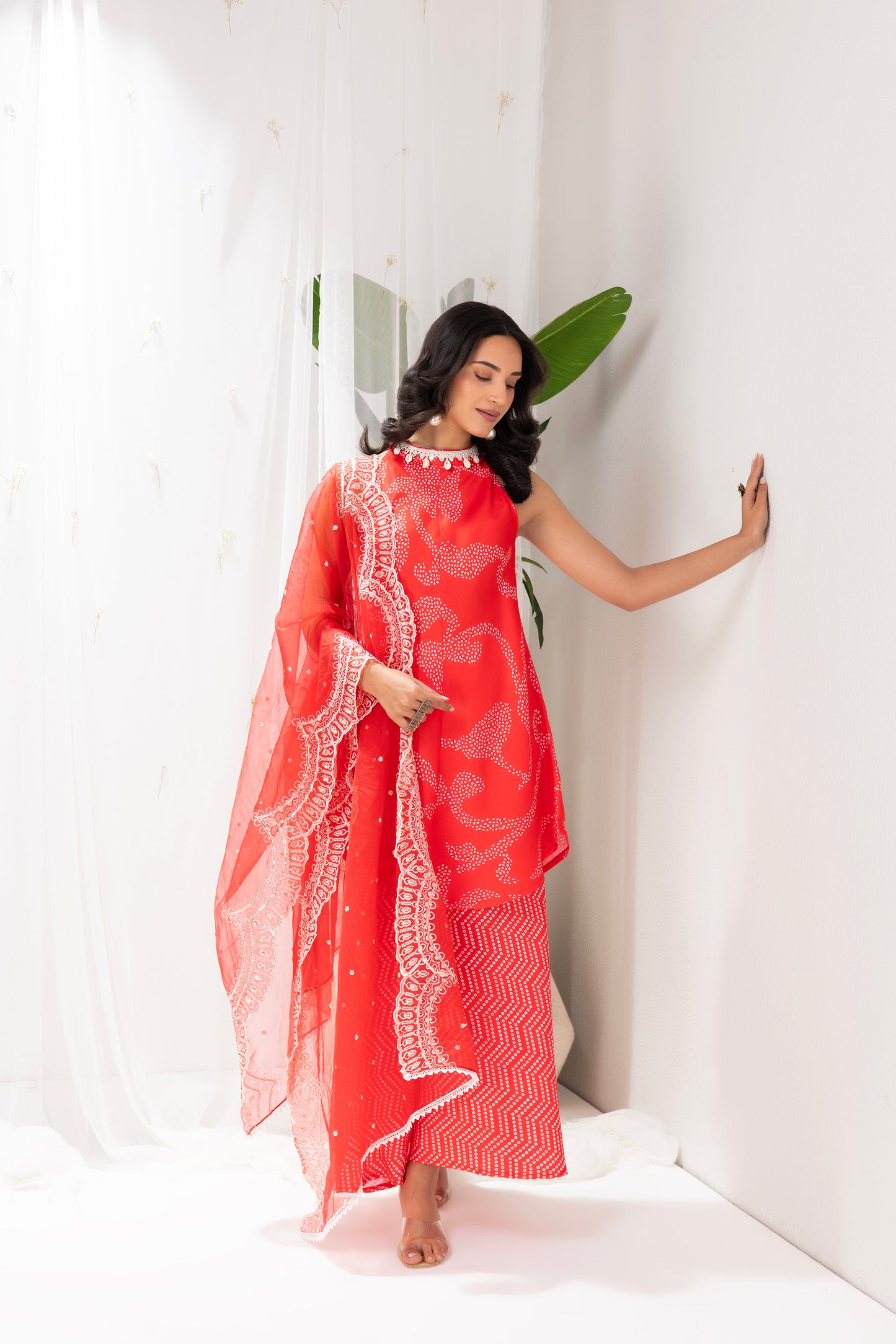 RED BANDHANI PRINTED HALTER SUIT SET