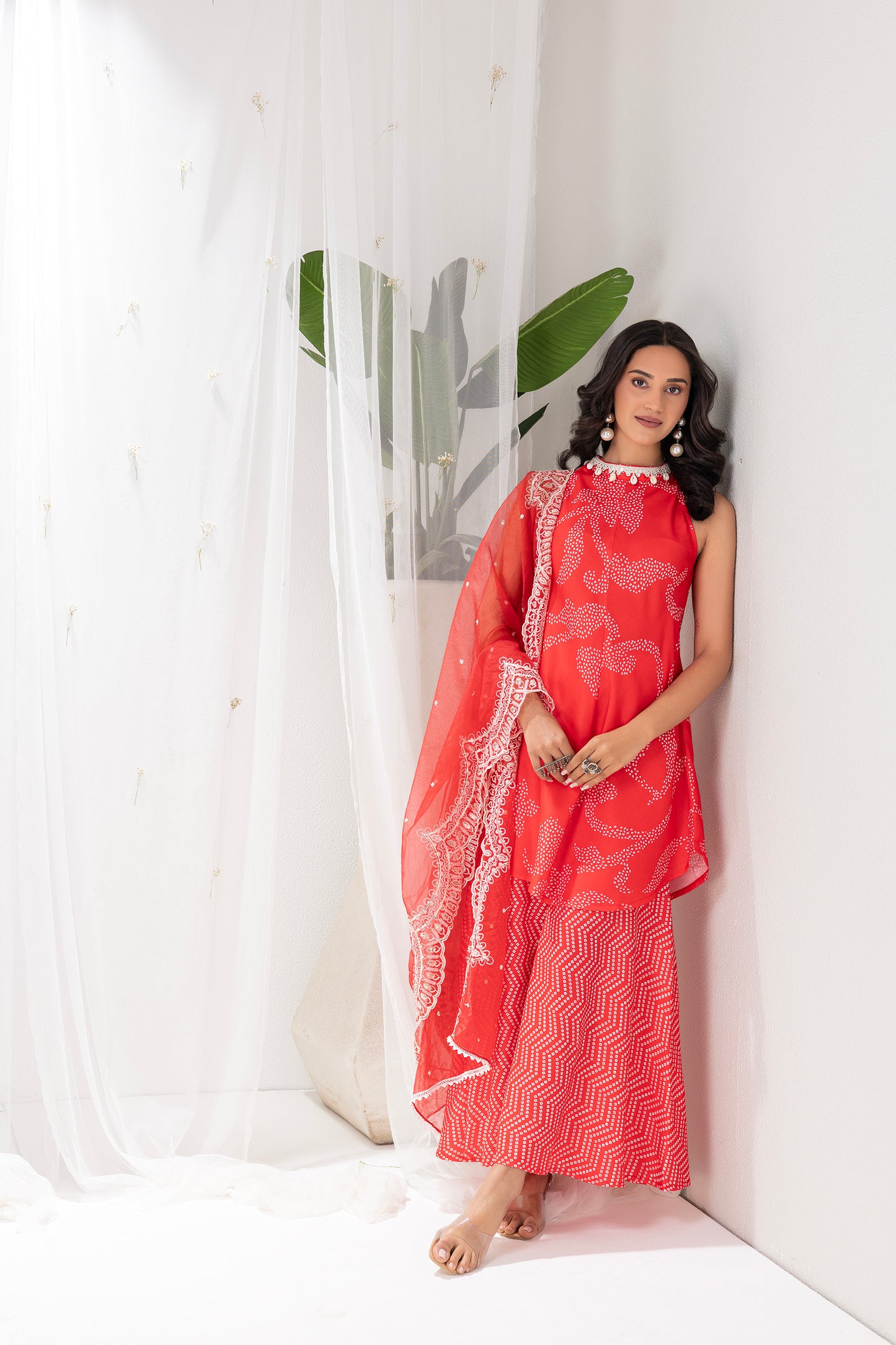 RED BANDHANI PRINTED HALTER SUIT SET