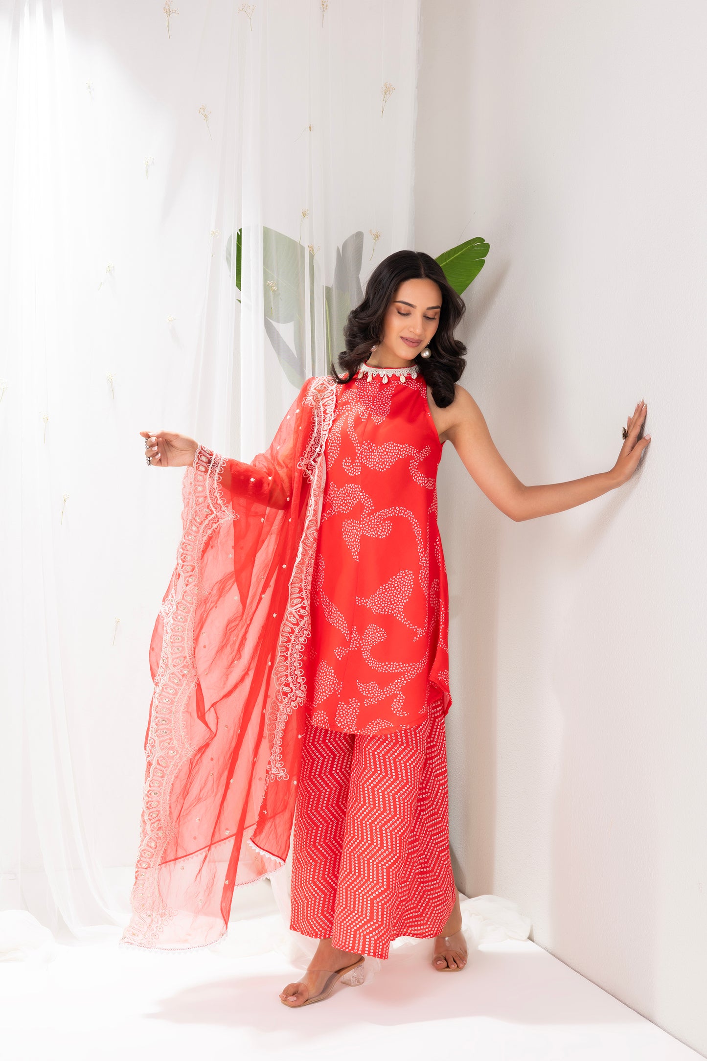 RED BANDHANI PRINTED HALTER SUIT SET