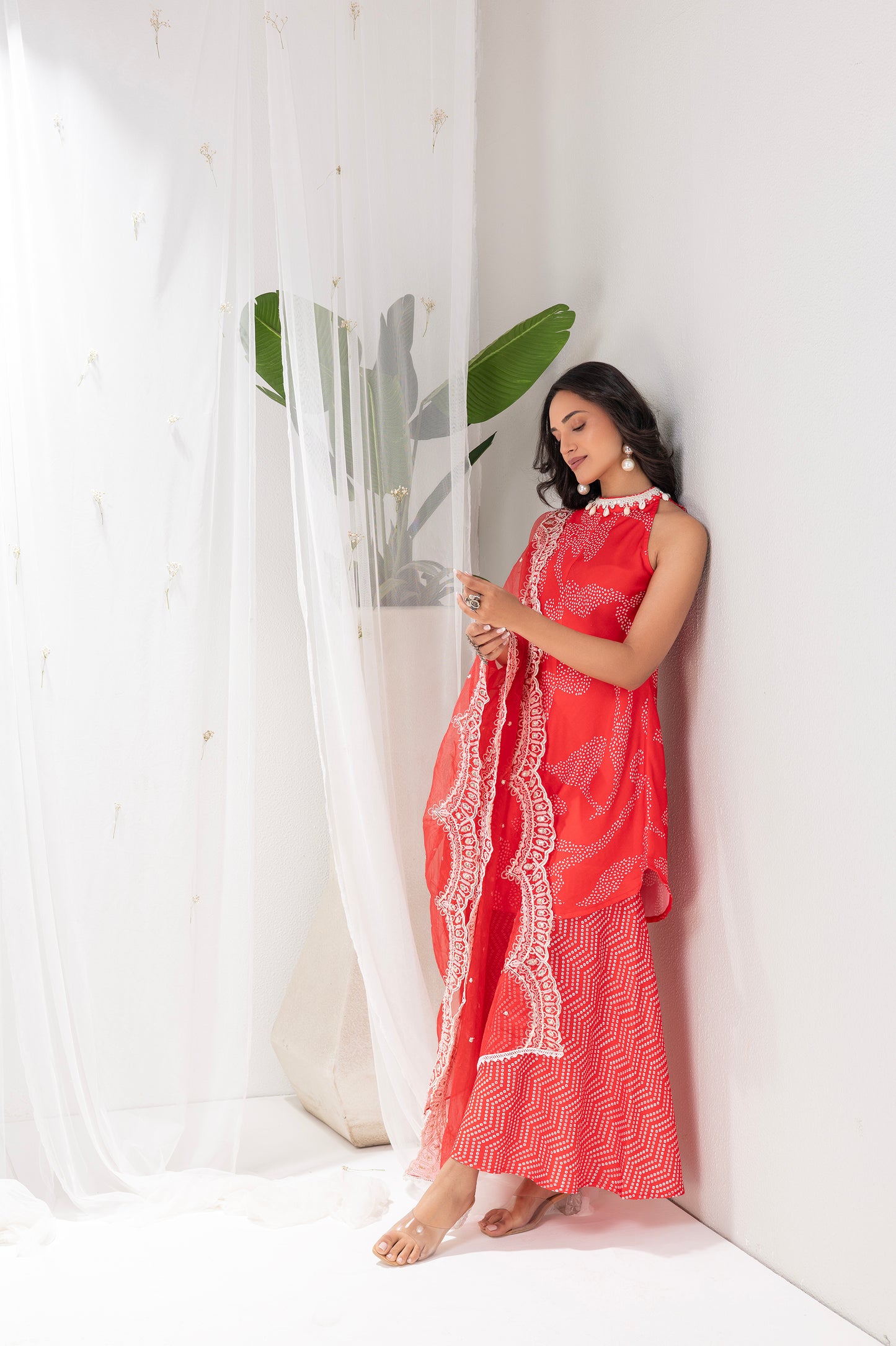 RED BANDHANI PRINTED HALTER SUIT SET