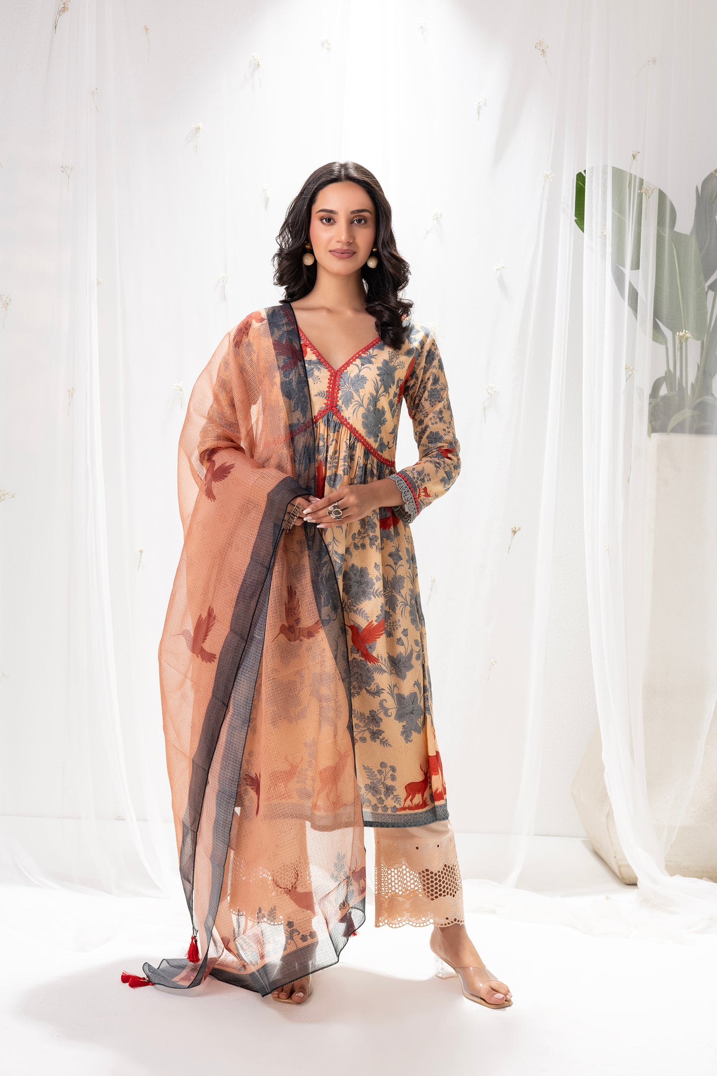 Beige and Blue Gulistan Print Suit Set
