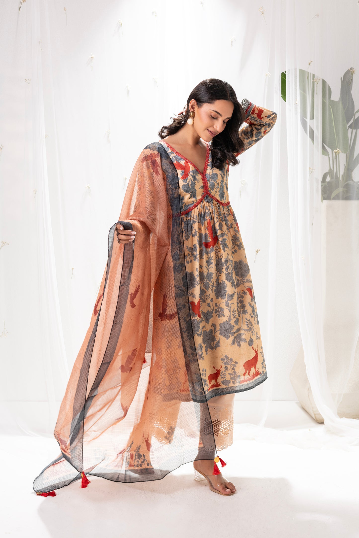 Beige and Blue Gulistan Print Suit Set