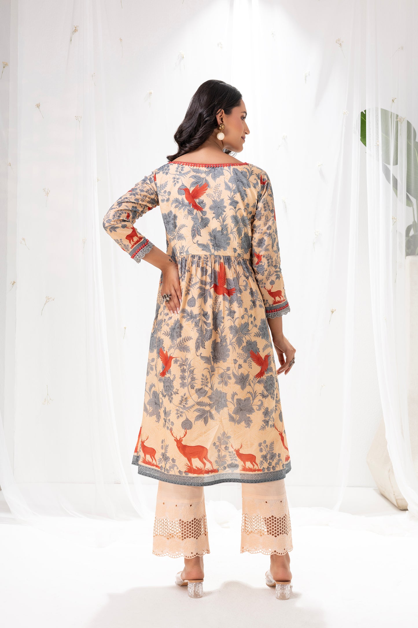 Beige and Blue Gulistan Print Suit Set