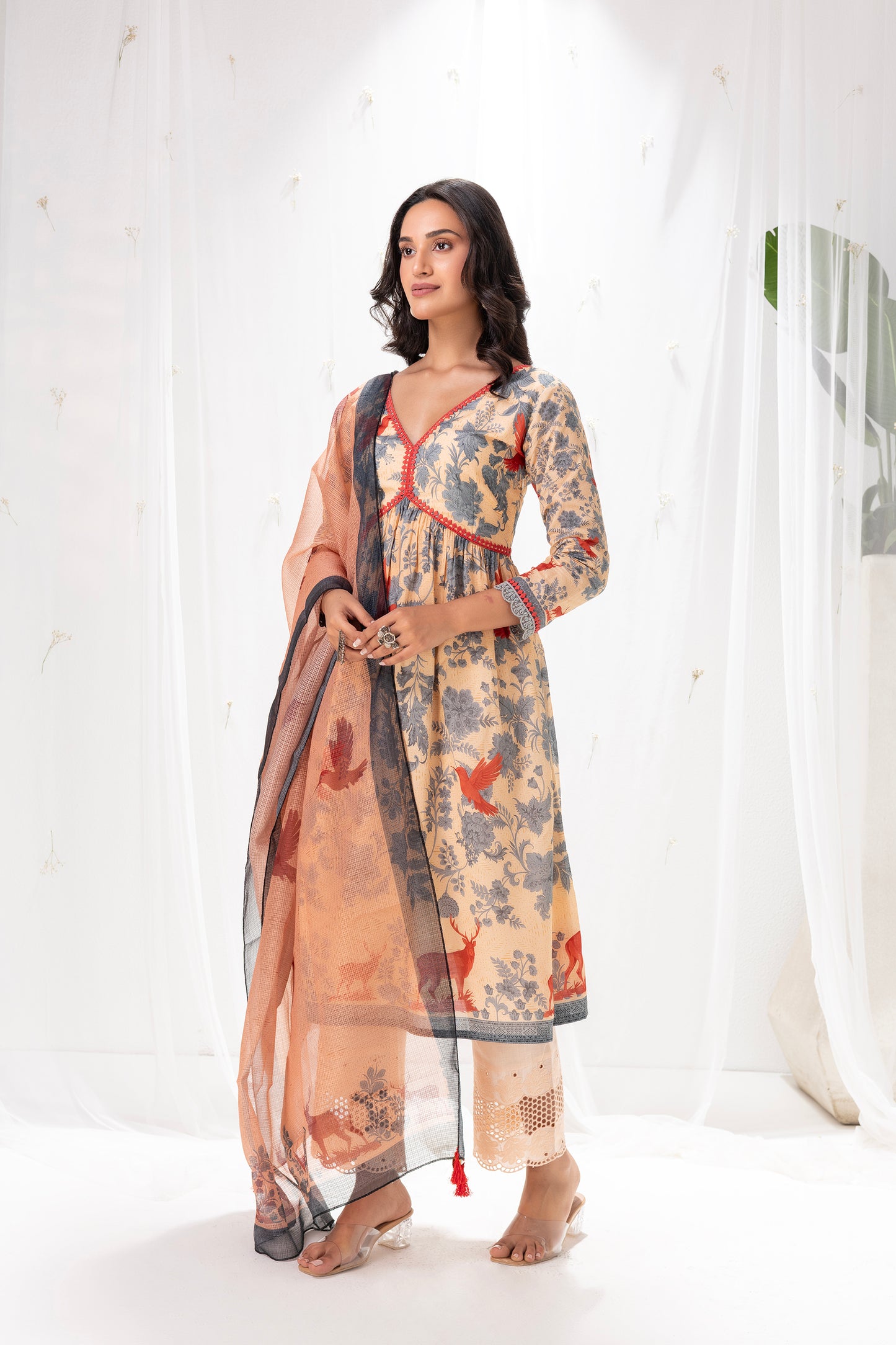 Beige and Blue Gulistan Print Suit Set