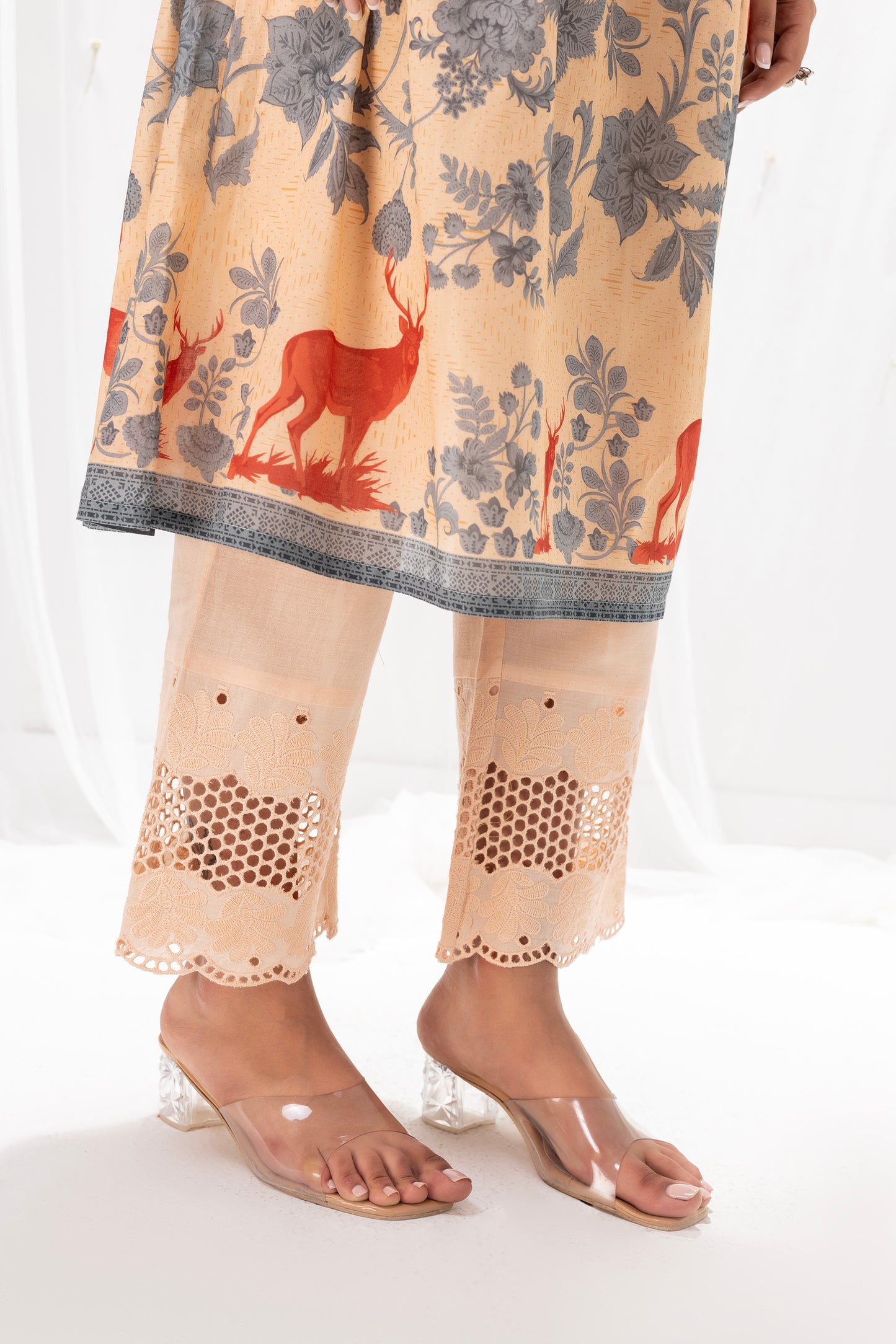 Beige and Blue Gulistan Print Suit Set