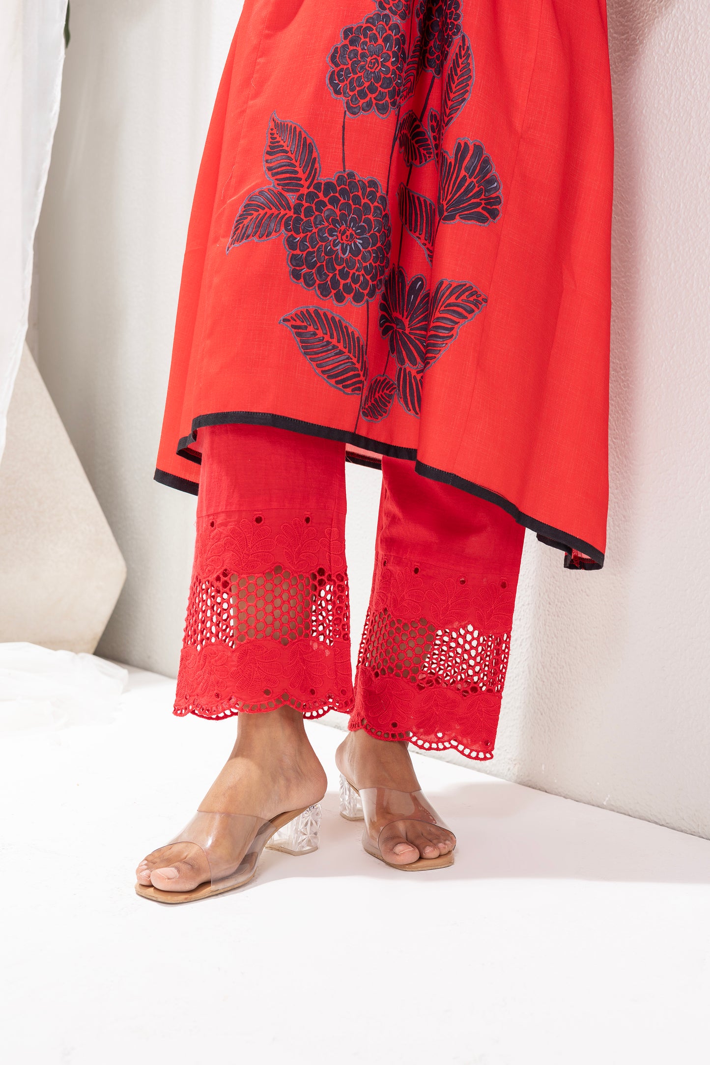 RED AND BLACK FLORAL PRINTED SUIT SET