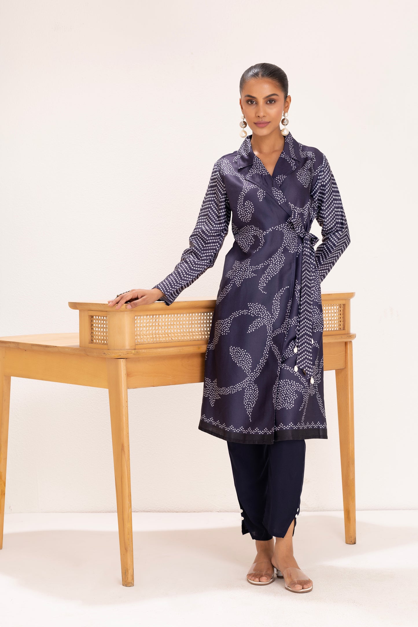 NAVY PRINTED TRENCH STYLE TUNIC SET