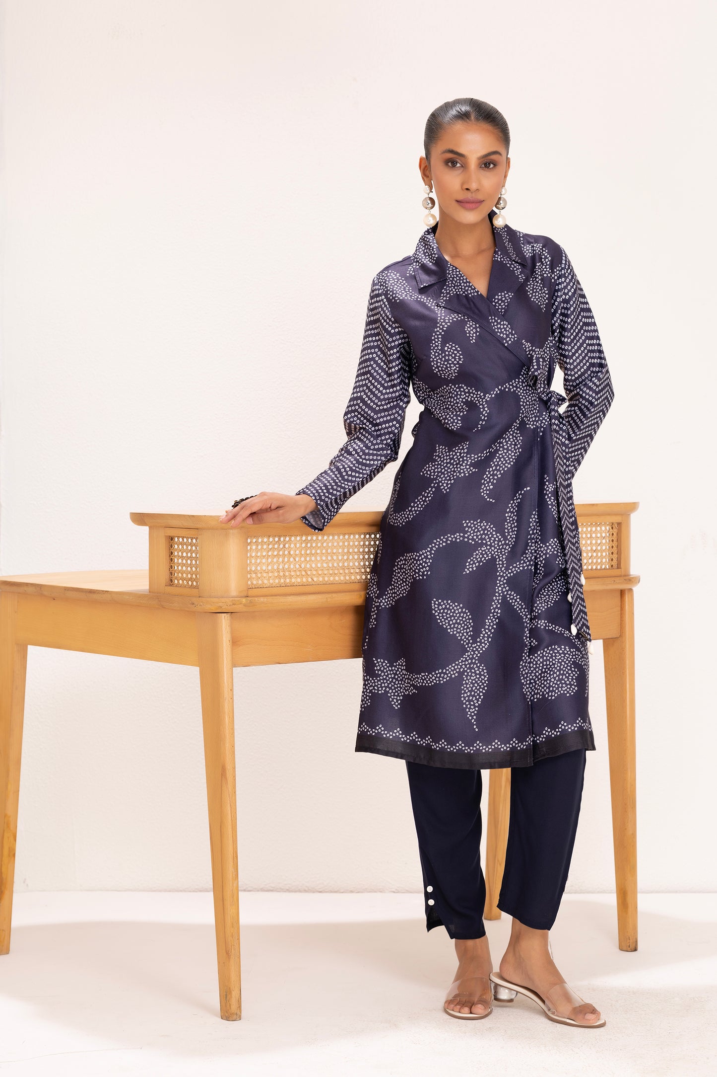 NAVY PRINTED TRENCH STYLE TUNIC SET