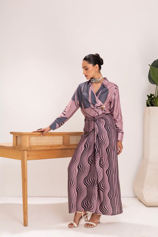 Mauve Grey Abstract Print Shirt and Knot Skirt Set