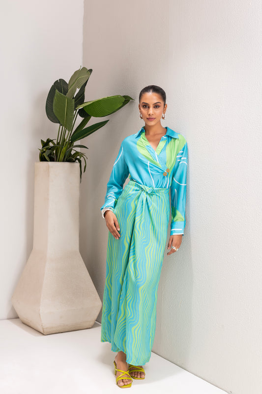 Sky And Lime Printed Shirt and Knot Skirt Set