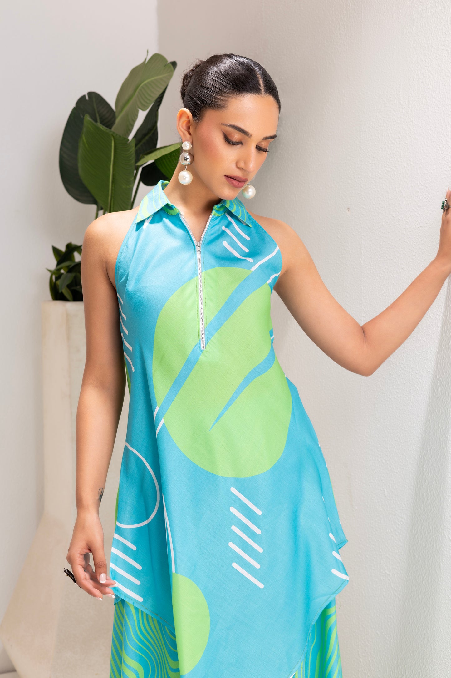 SKY AND LIME ABSTRACT PRINT TUNIC SET