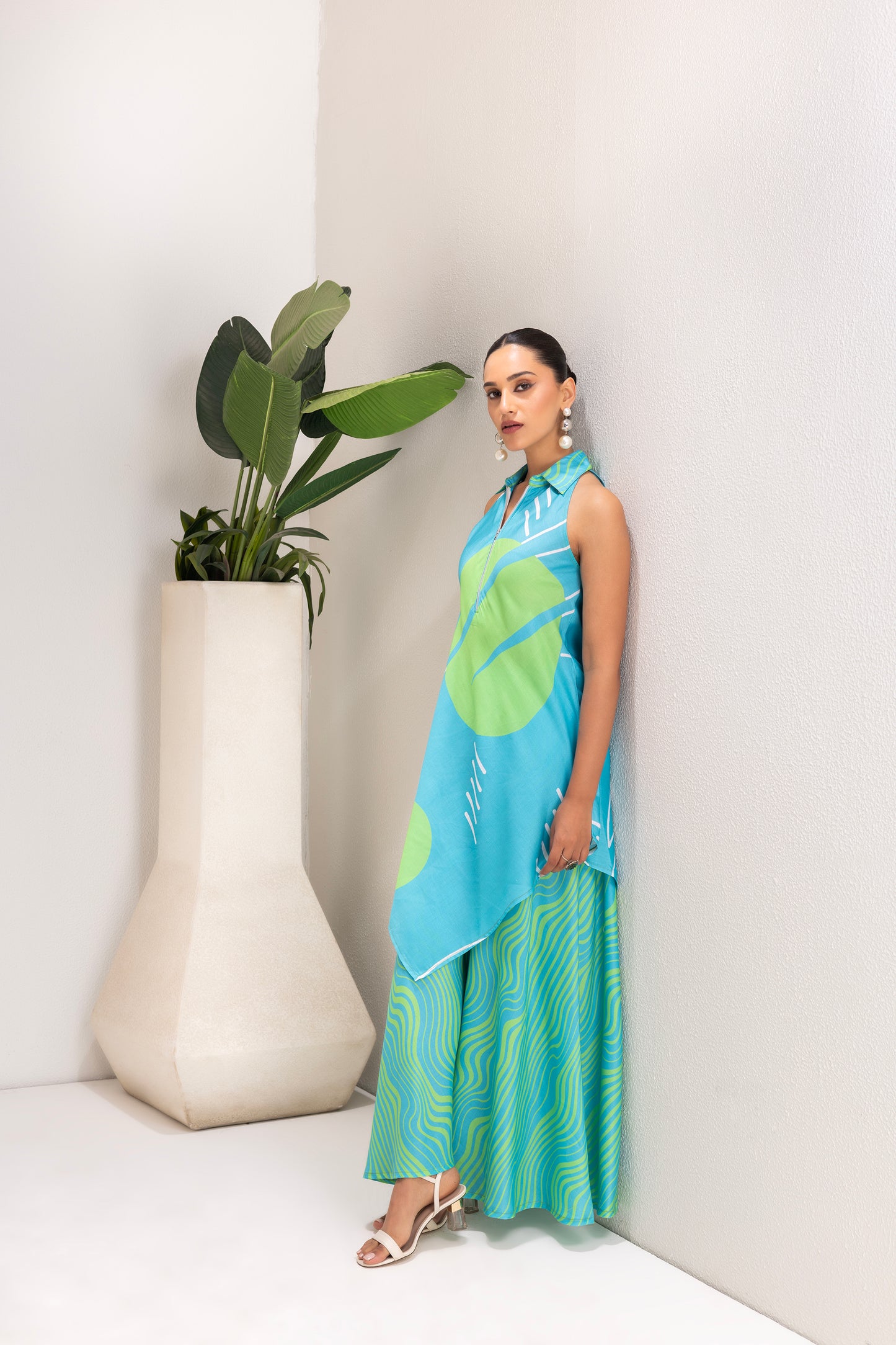 SKY AND LIME ABSTRACT PRINT TUNIC SET