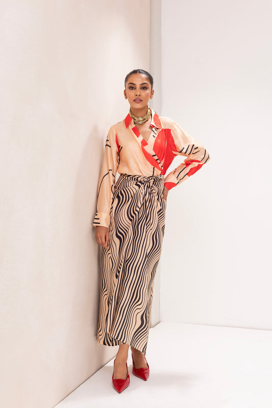Beige And Red Abstract Print Shirt and Knot Skirt Set