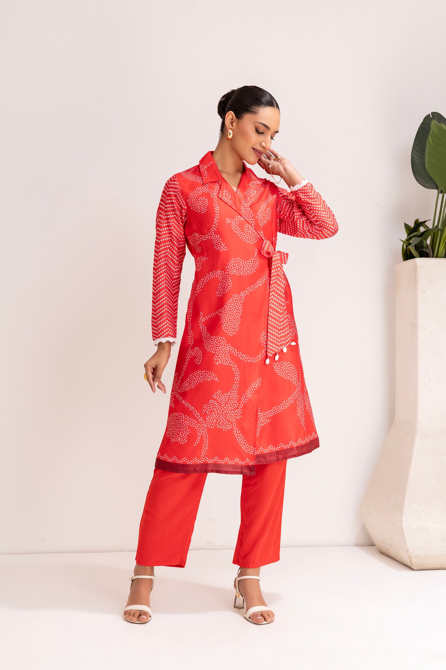 RED PRINTED TRENCH STYLE TUNIC SET