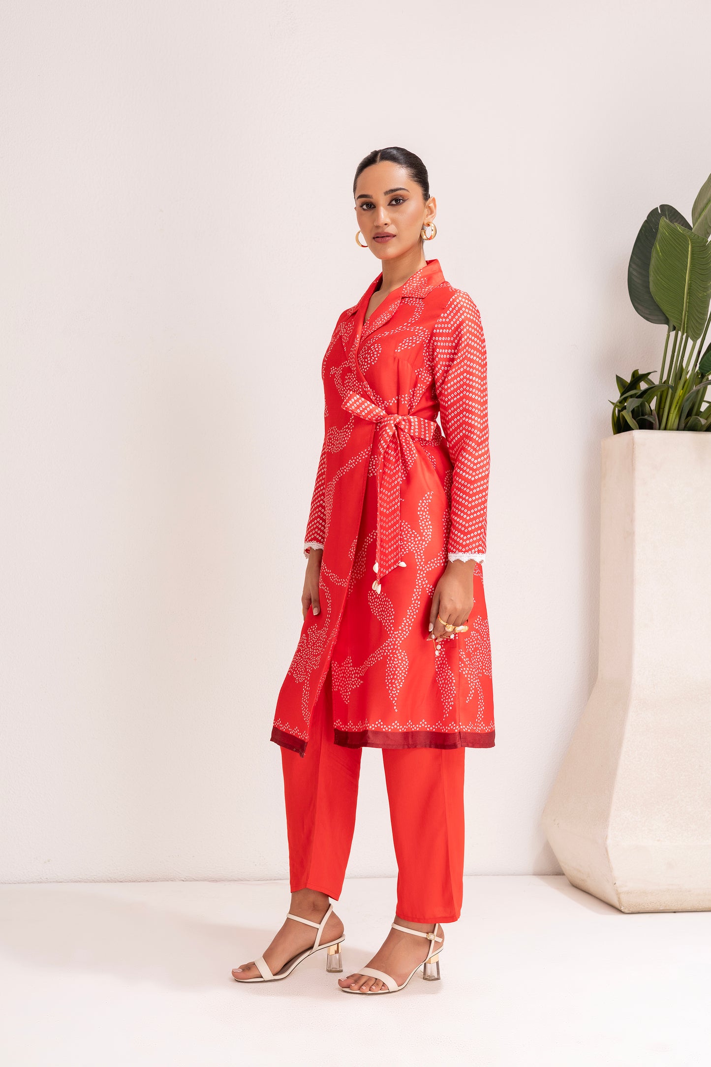 RED PRINTED TRENCH STYLE TUNIC SET