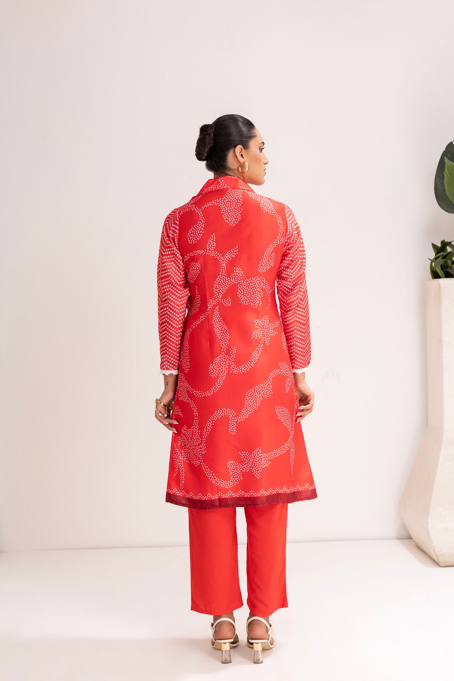 RED PRINTED TRENCH STYLE TUNIC SET