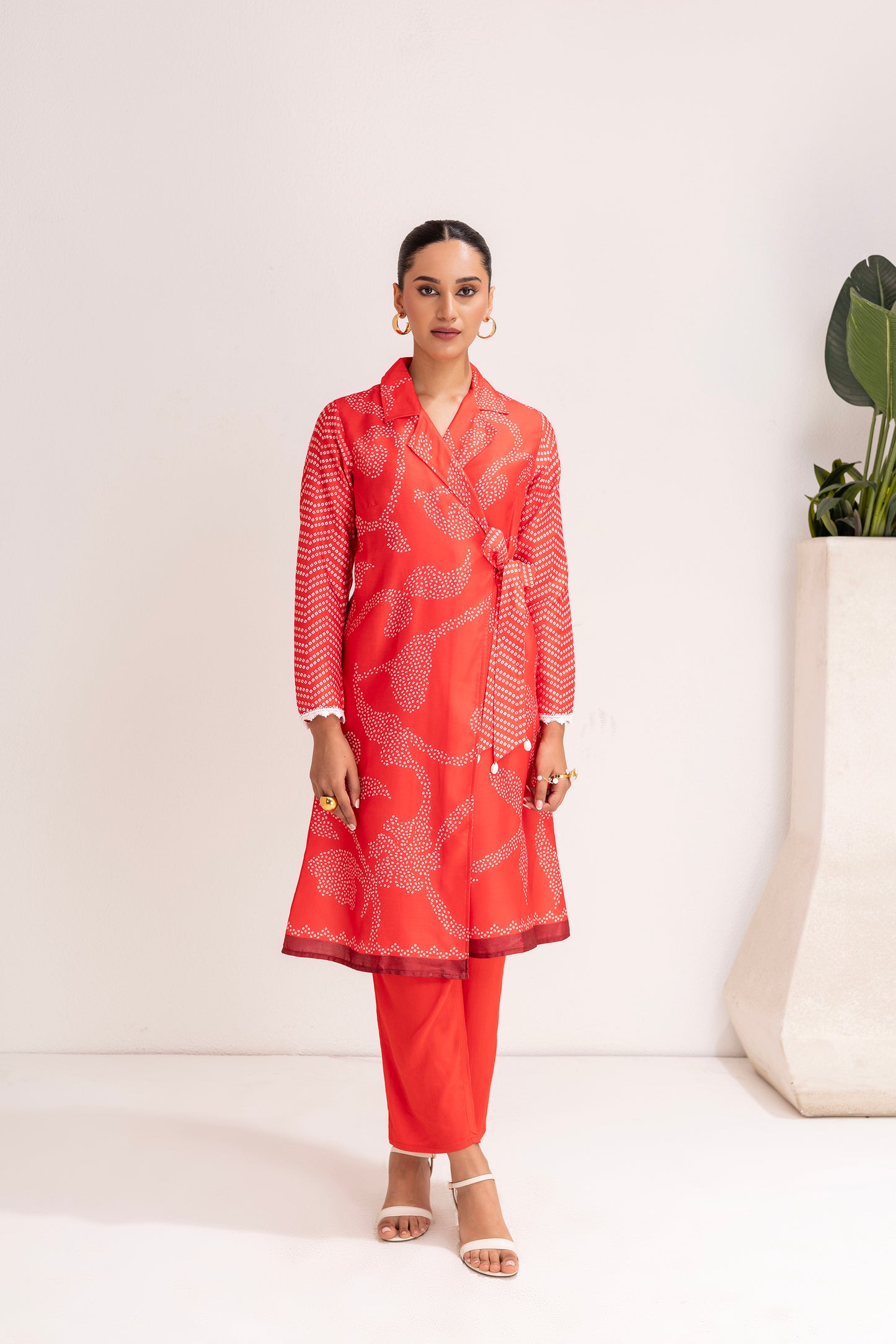 RED PRINTED TRENCH STYLE TUNIC SET