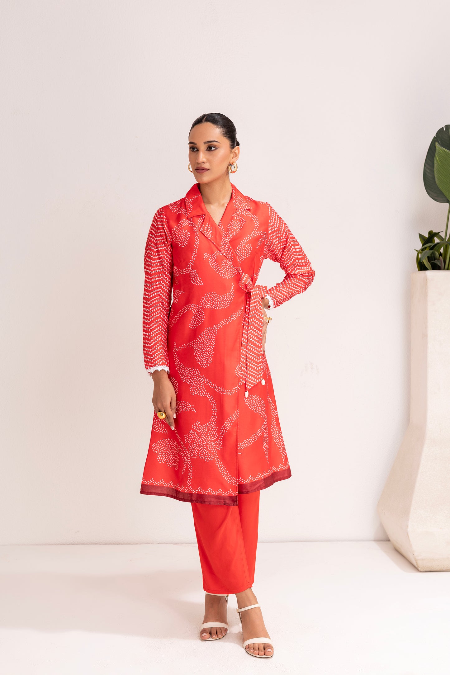 RED PRINTED TRENCH STYLE TUNIC SET