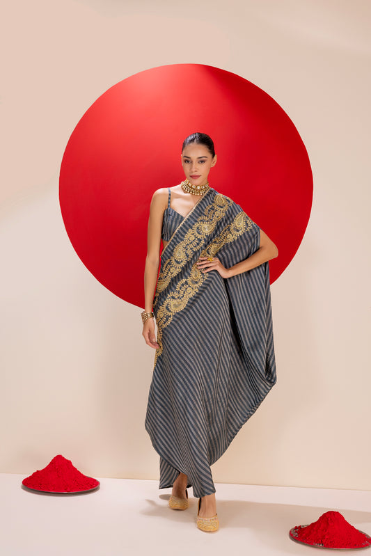 STONE GREY GOLD FUSION SAREE DRESS