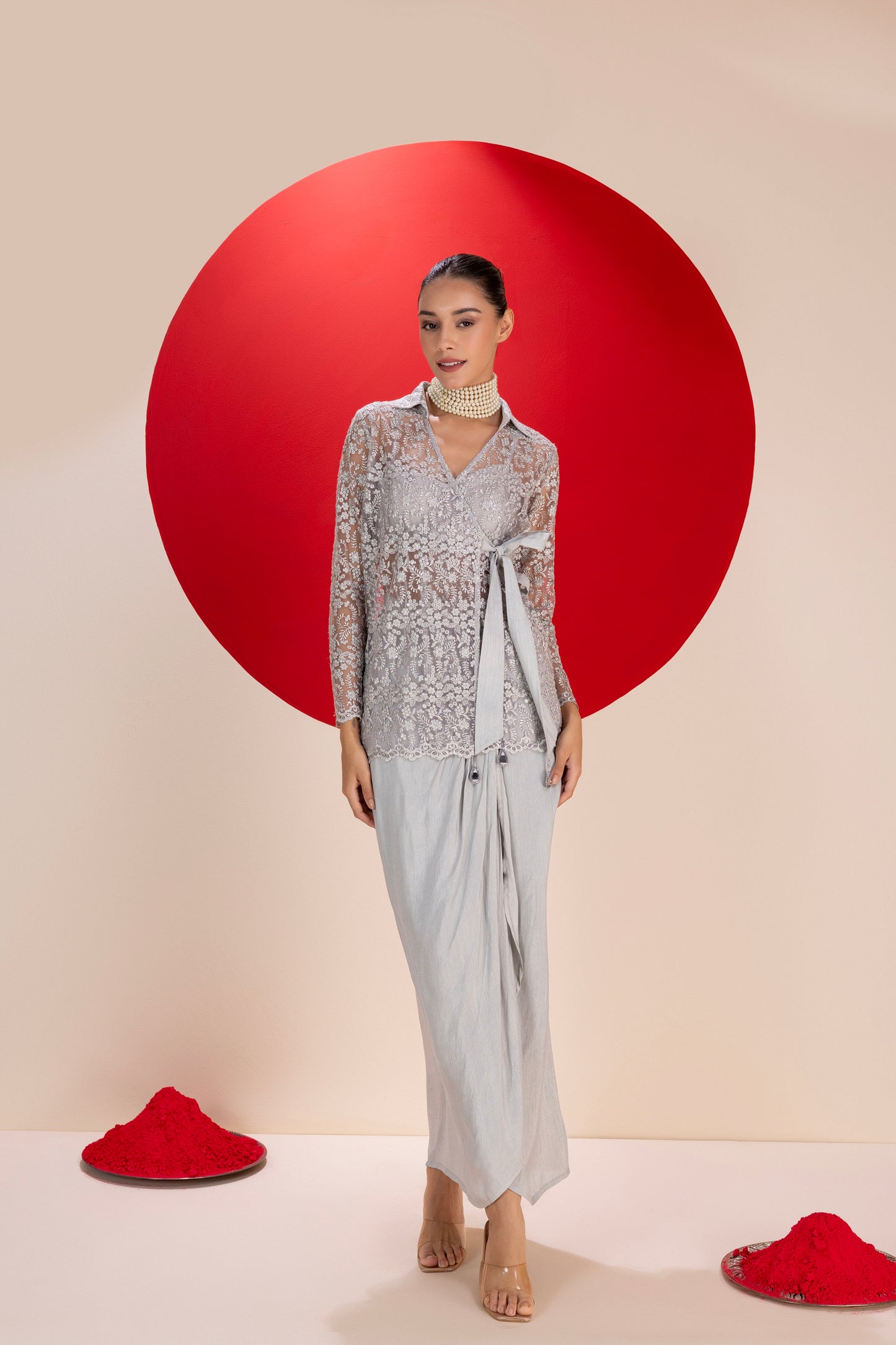 Metallic Grey Dhoti Skirt Fusion Set