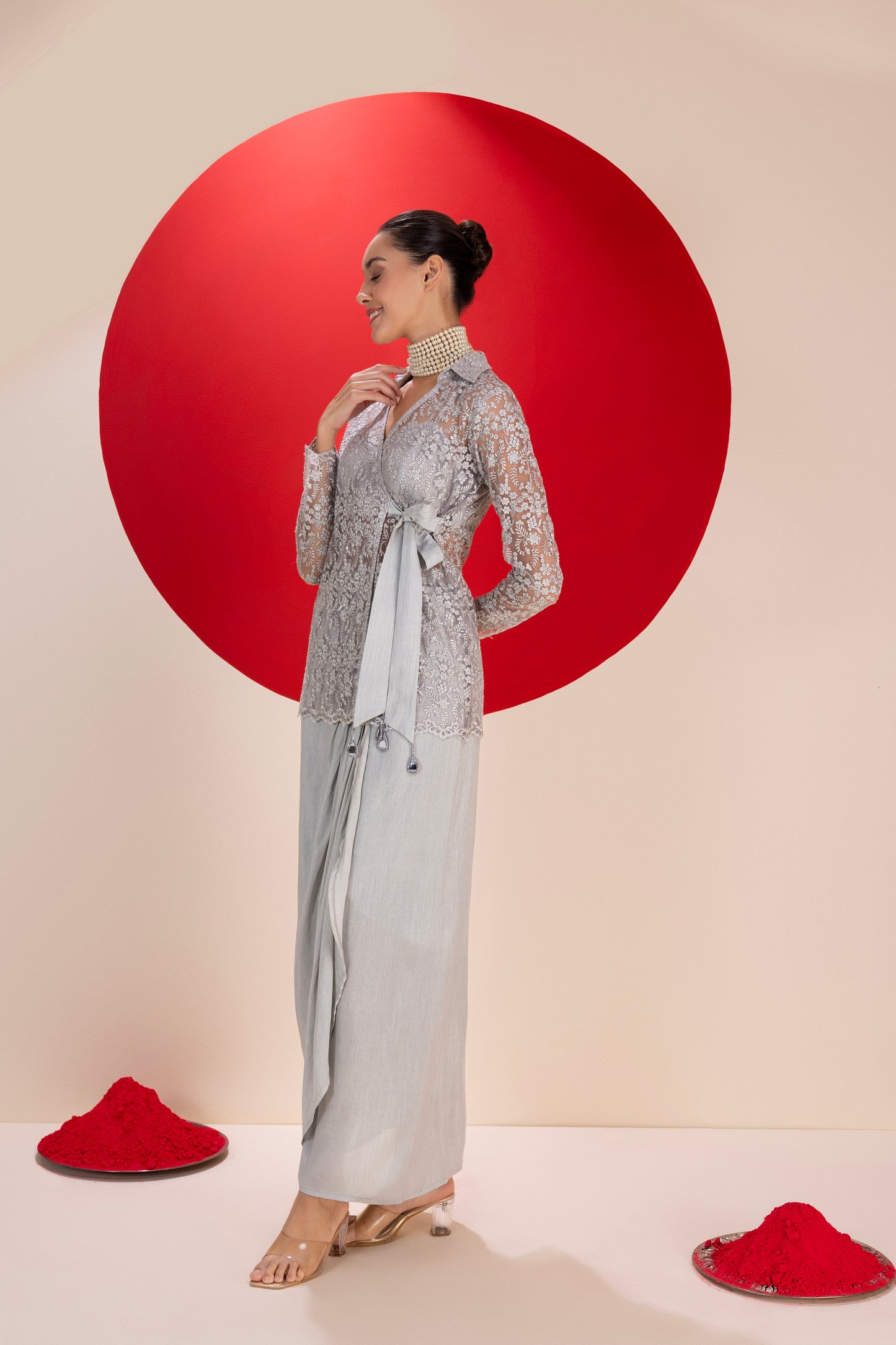 Metallic Grey Dhoti Skirt Fusion Set