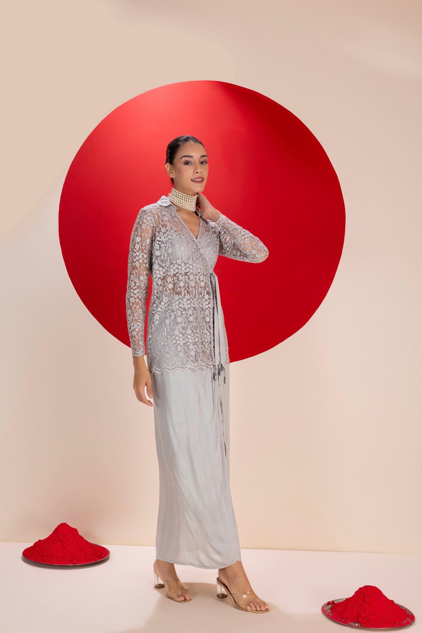 Metallic Grey Dhoti Skirt Fusion Set