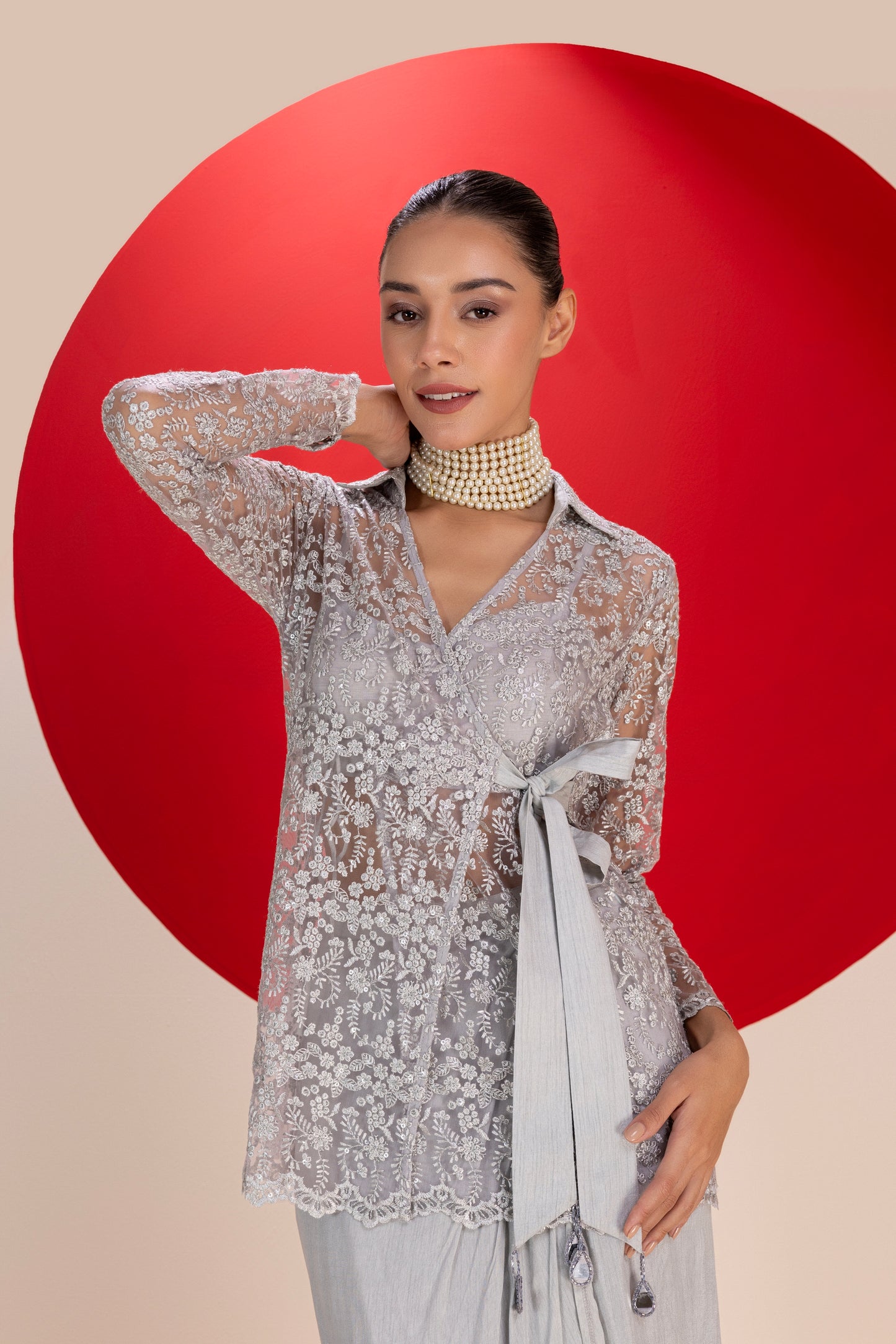 Metallic Grey Dhoti Skirt Fusion Set