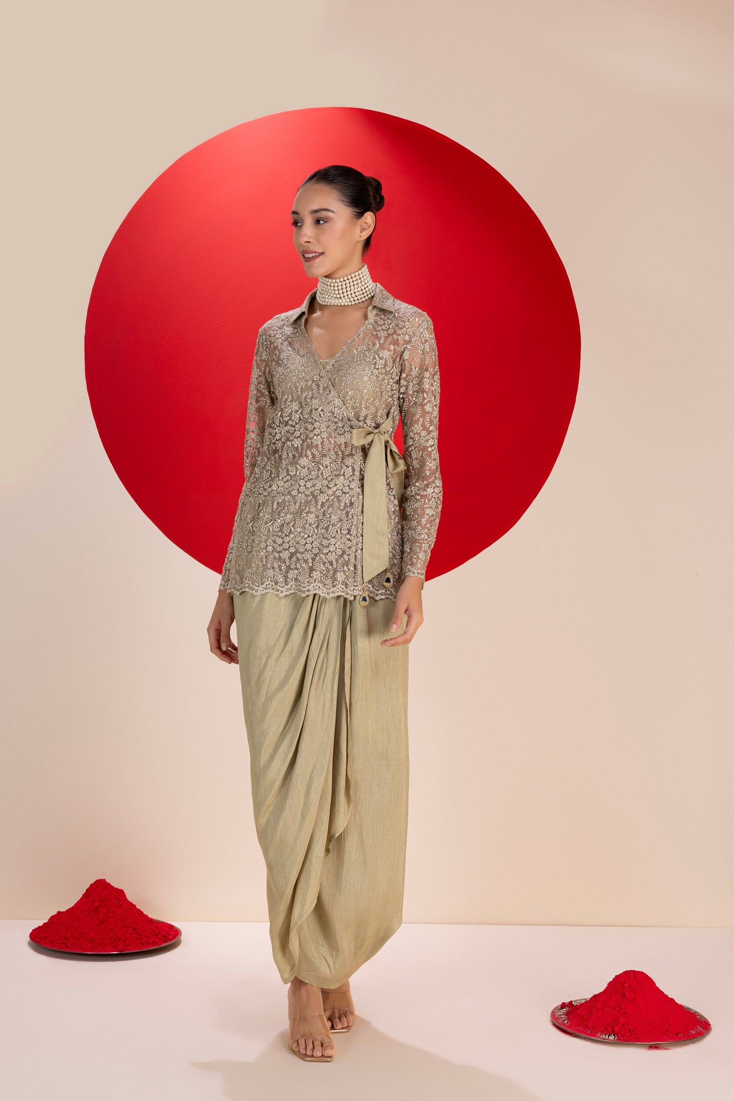 Olivine Wrap Dhoti Skirt Fusion Set
