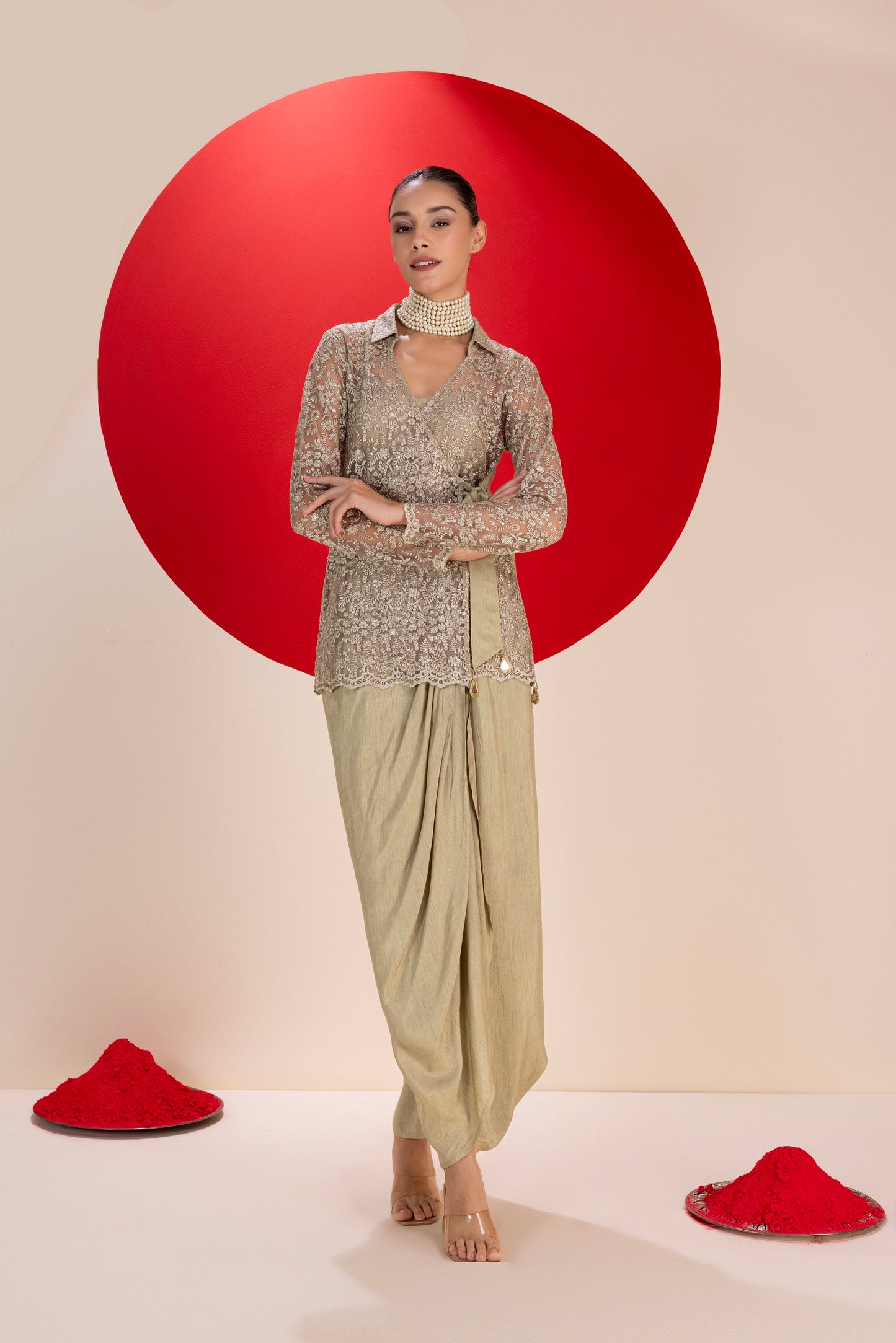 Olivine Wrap Dhoti Skirt Fusion Set