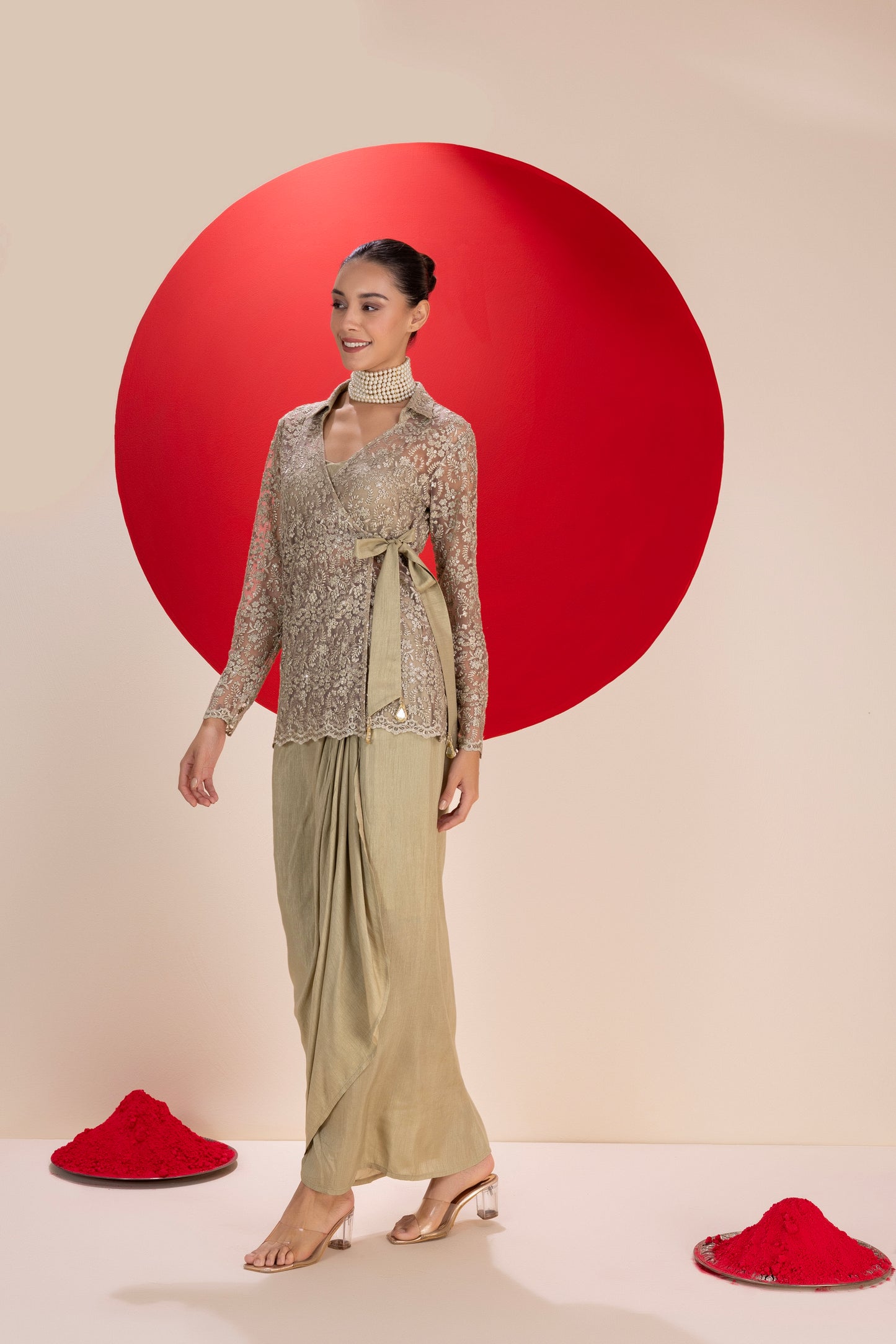Olivine Wrap Dhoti Skirt Fusion Set