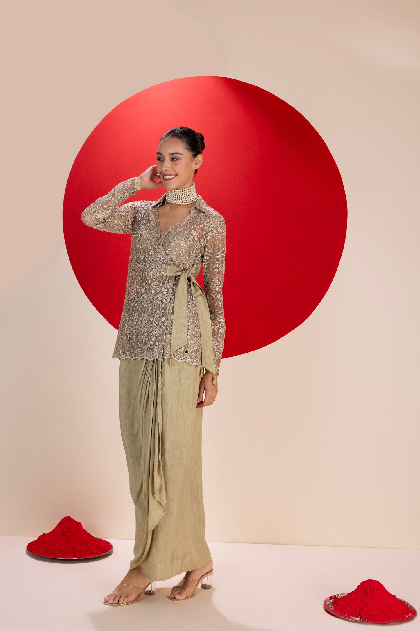 Olivine Wrap Dhoti Skirt Fusion Set