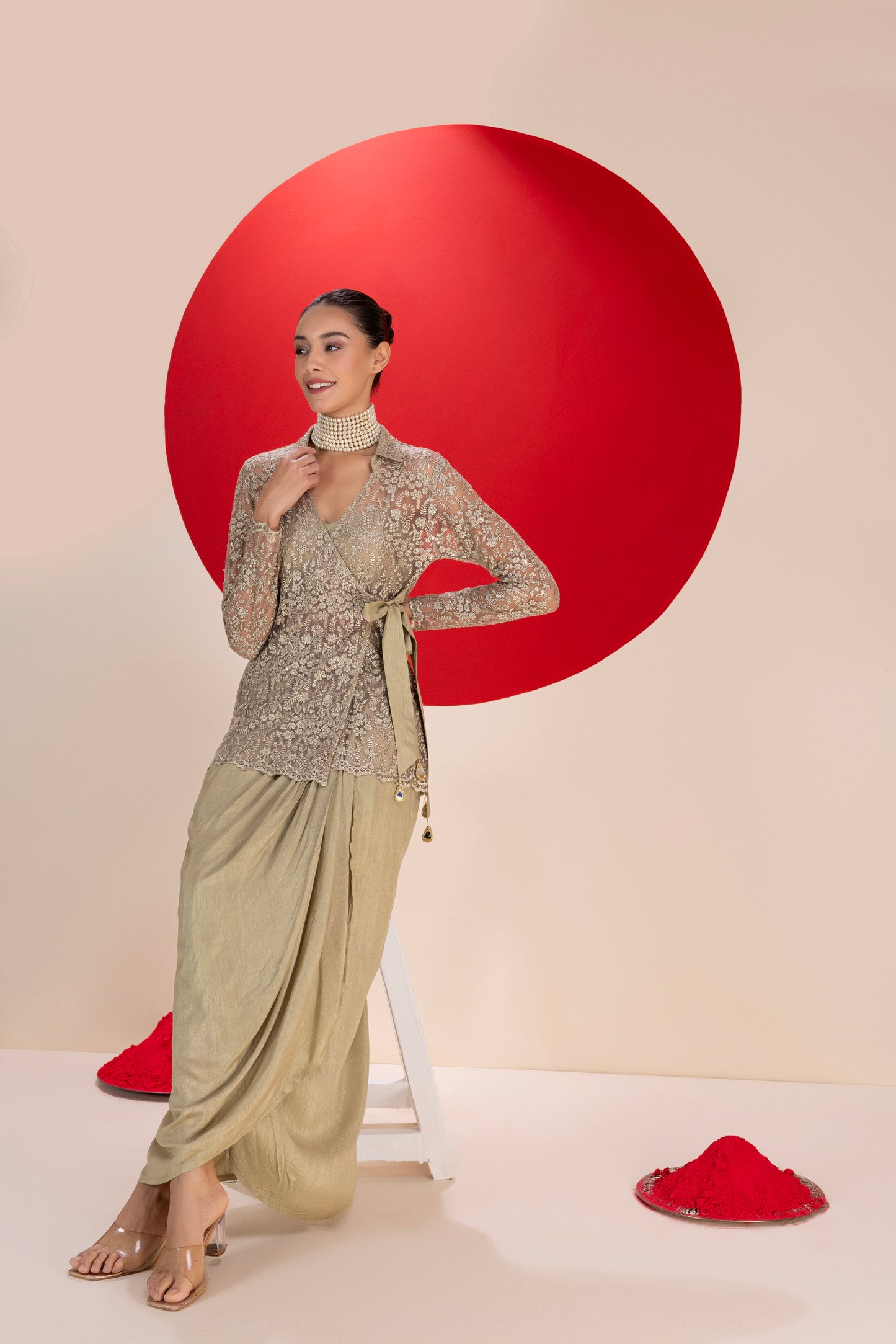 Olivine Wrap Dhoti Skirt Fusion Set